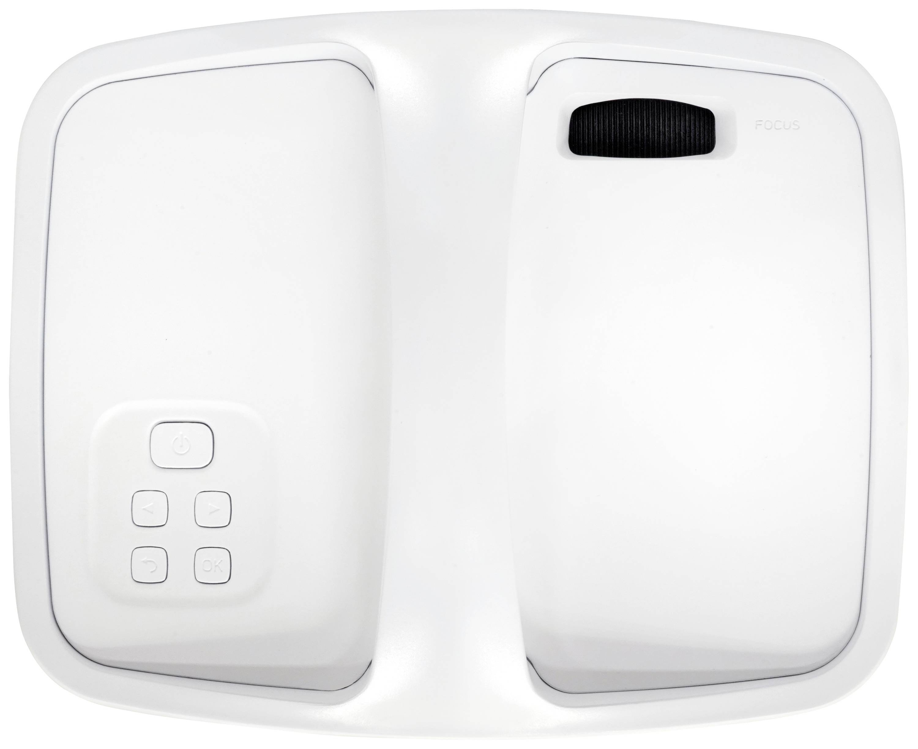 Białe prostokątne urządzenie z dwoma dużymi przyciskami i małym pokrętłem w górnym prawym rogu.