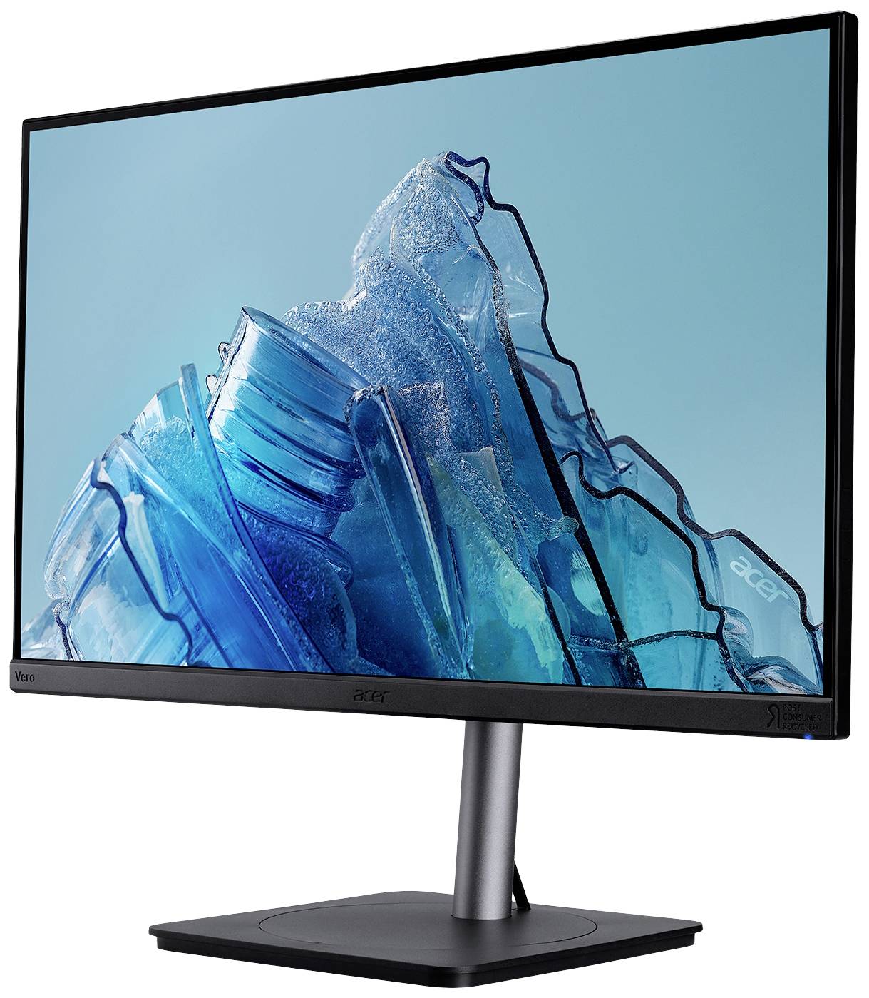 Monitor komputerowy z niebieskim, lodowatym tłem. Ekran jest bezramkowy i stoi na prostej, czarnej podstawce.