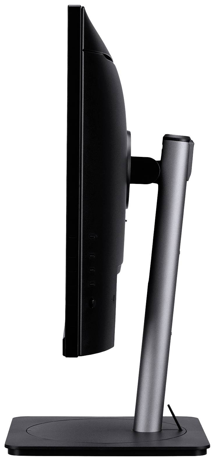 Widok z boku smukłego ekranu komputerowego z czarną ramką i srebrną podstawą. Ekran jest ustawiony pionowo.