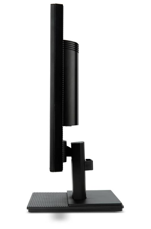 Widok z boku monitora komputerowego o smukłej sylwetce z prostokątną podstawą. Ekran jest wyłączony.