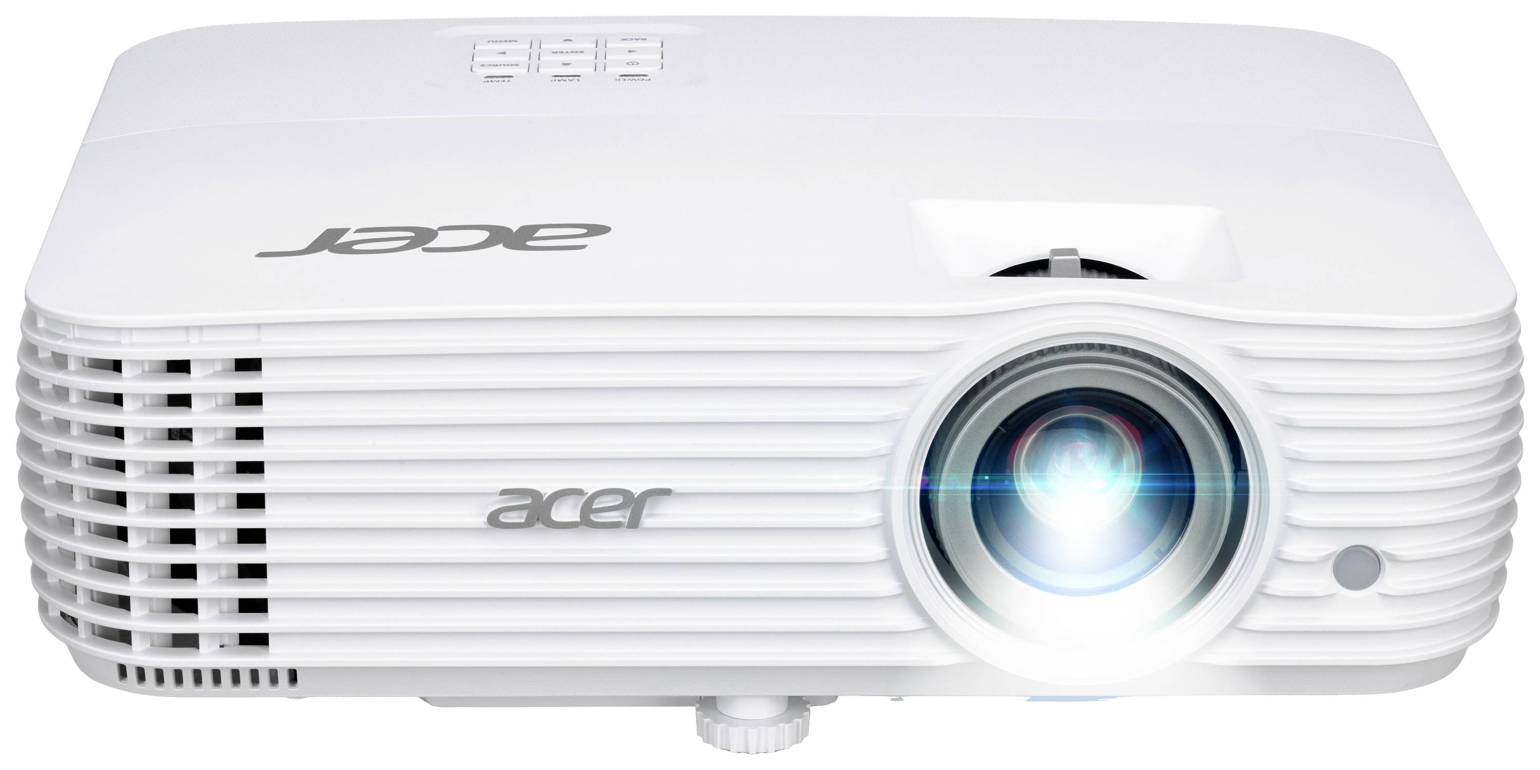 Biały projektor firmy Acer z widocznym świecącym obiektywem, odpowiedni do prezentacji lub domowego kina.