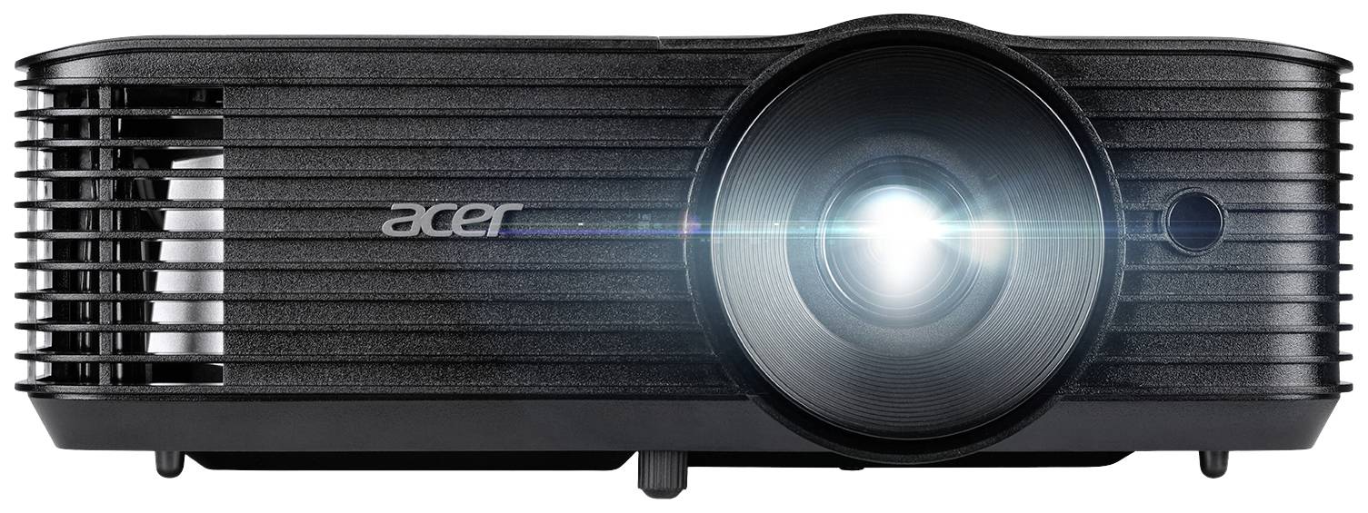 Czarny projektor Acer z jasną soczewką, idealny do prezentacji lub domowego kina. Widok z przodu przedstawia logo marki i szczeliny wentylacyjne.