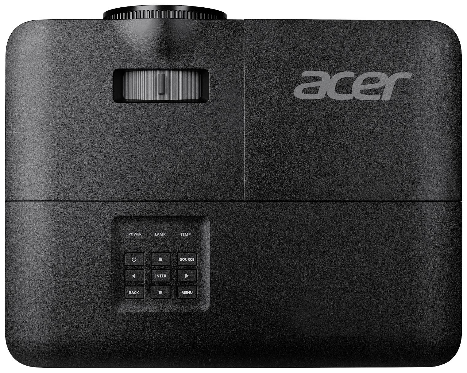 Czarny projektor Acer widziany z góry, pokazujący pokrętło ostrości i panel sterowania z przyciskami.