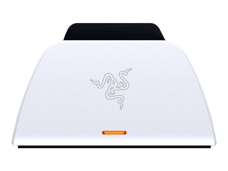 Biały elektroniczny sprzęt z pomarańczowym świecącym paskiem LED i wygrawerowanym symbolem węża z przodu.