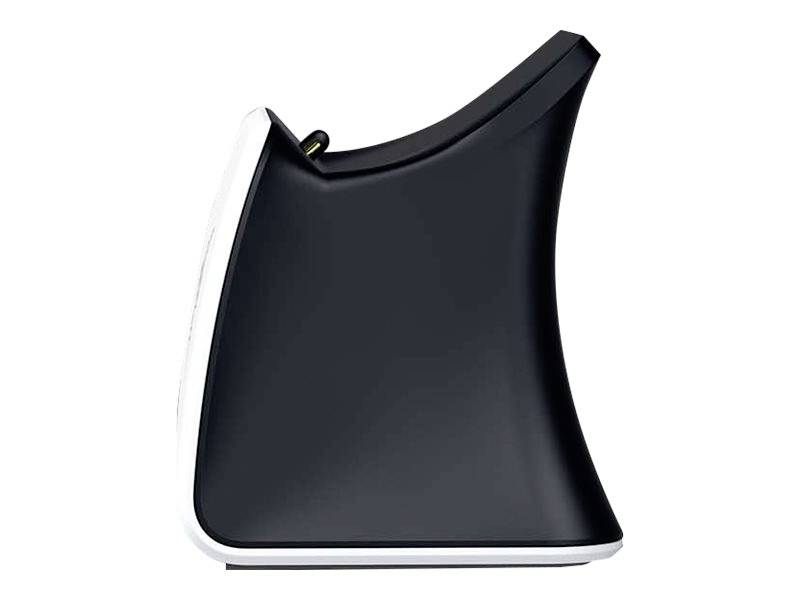 Czarny, zakrzywiony sprzęt o błyszczącej powierzchni i białej krawędzi. Ma futurystyczny, ergonomiczny kształt.