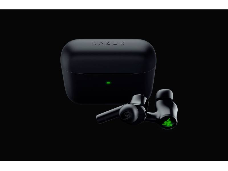 Czarne bezprzewodowe słuchawki douszne z etui ładującym, logo marki na obu elementach.