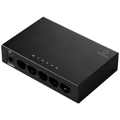 Czarny przełącznik sieciowy z pięcioma portami Ethernet, przeznaczony do łączenia wielu urządzeń w sieci lokalnej.
