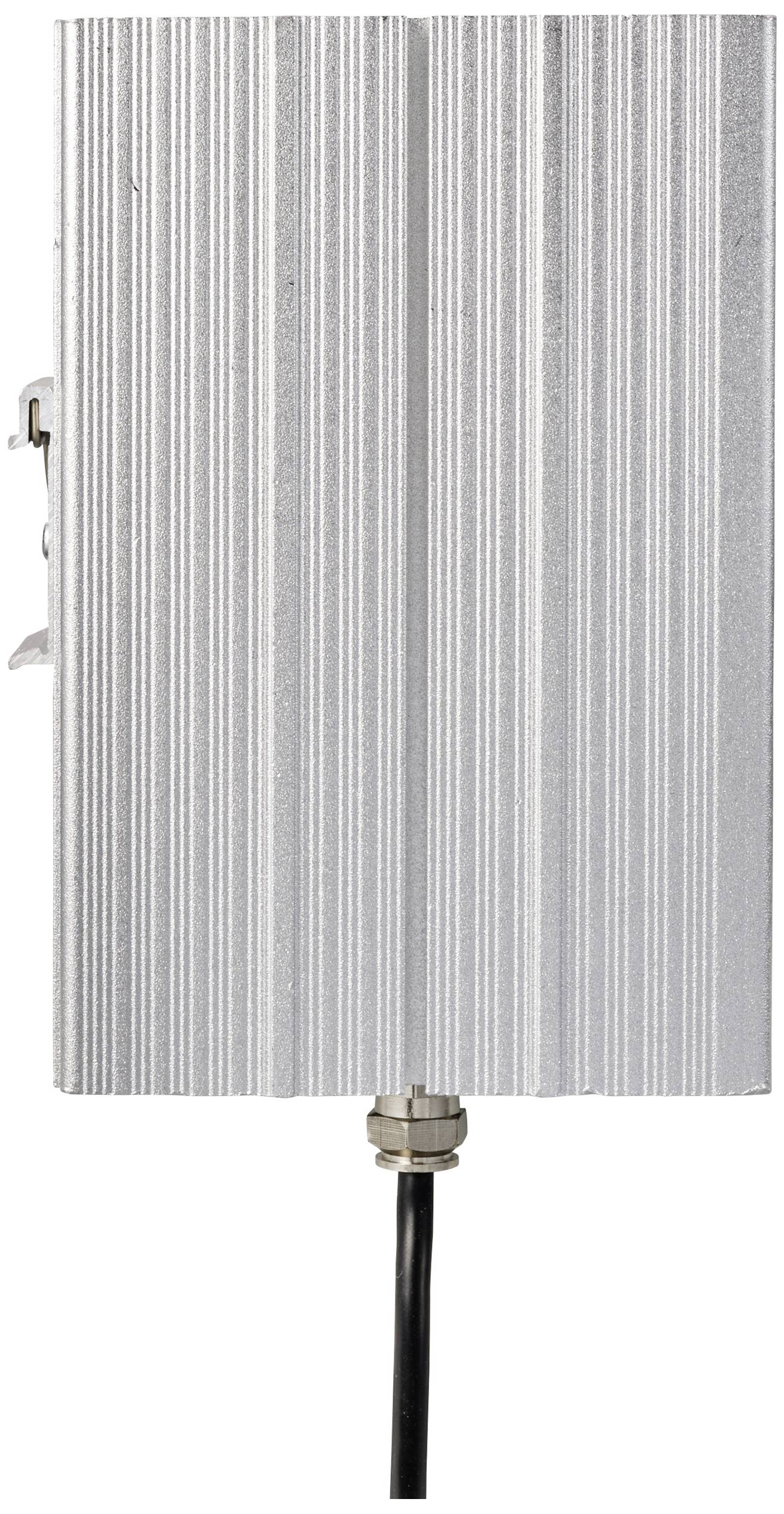 Metalowe, prostokątne urządzenie o fakturowanej powierzchni z przewodem wychodzącym od spodu.