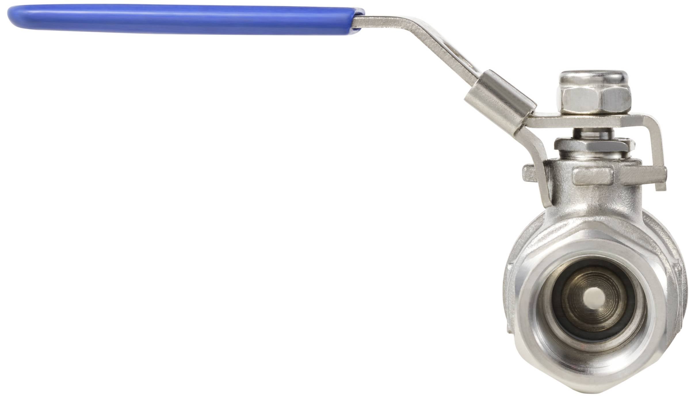 Zawór z niebieskim dźwignię wykonaną z metalu, w pozycji otwartej.