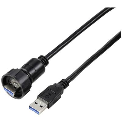 Czarny kabel USB 3.0 z wtyczką standardowego USB oraz złączem śrubowym do specjalnych urządzeń lub zastosowań montażowych.