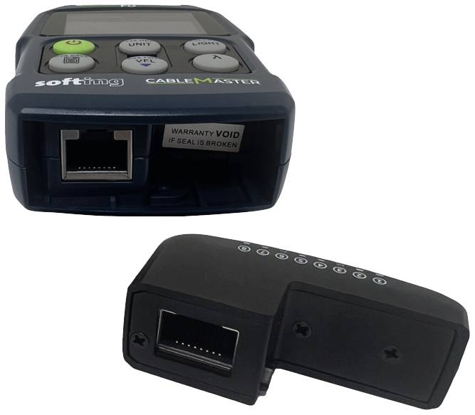 Urządzenie testowe do badania połączeń kablowych z interfejsami Ethernet i wyświetlaczem, w tym zewnętrzny adapter do zaawansowanej analizy.