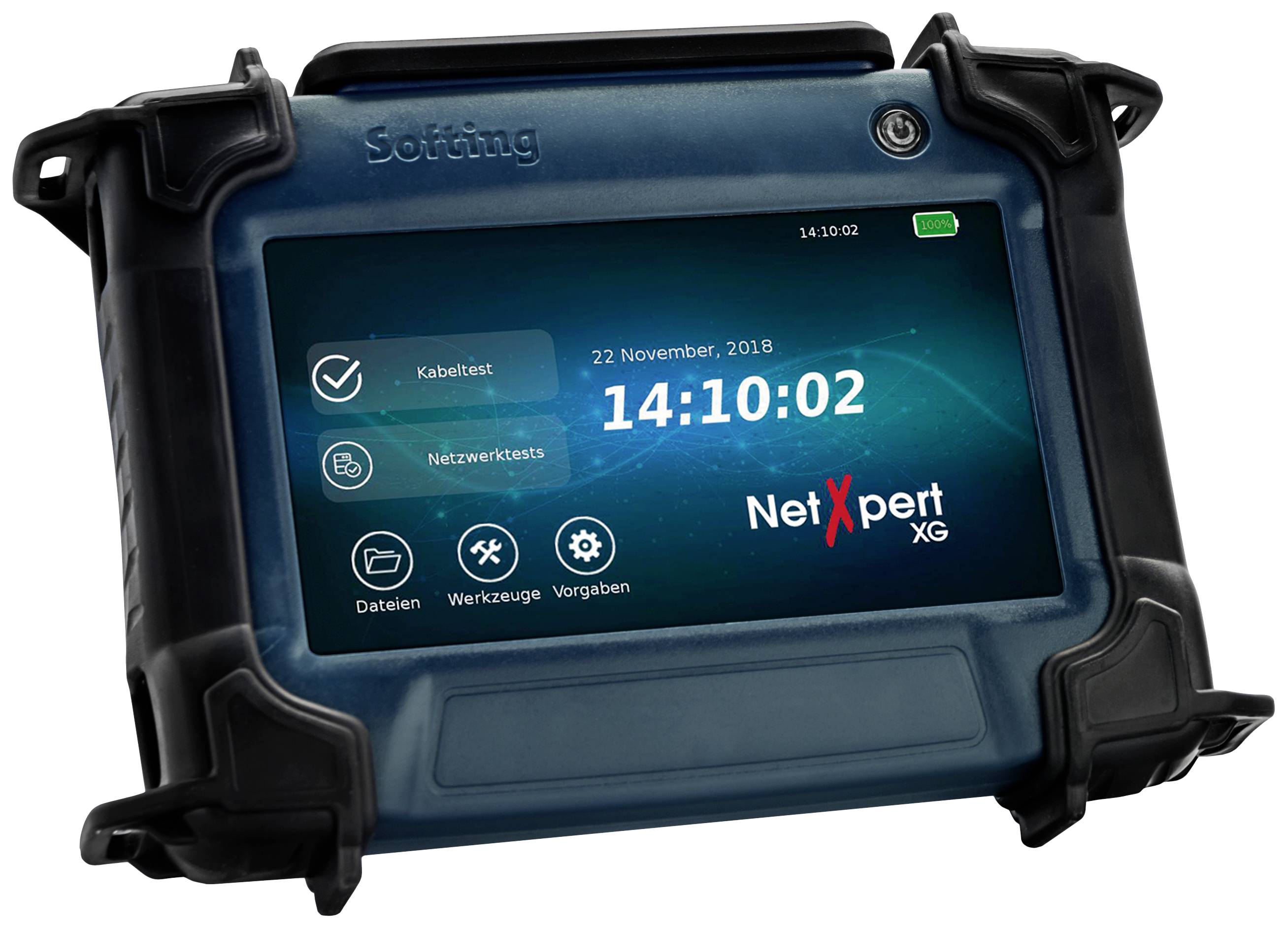 Przenośne urządzenie do testowania kabli i sieci wyposażone w ekran dotykowy, który wyświetla datę, godzinę oraz różne opcje testowania.