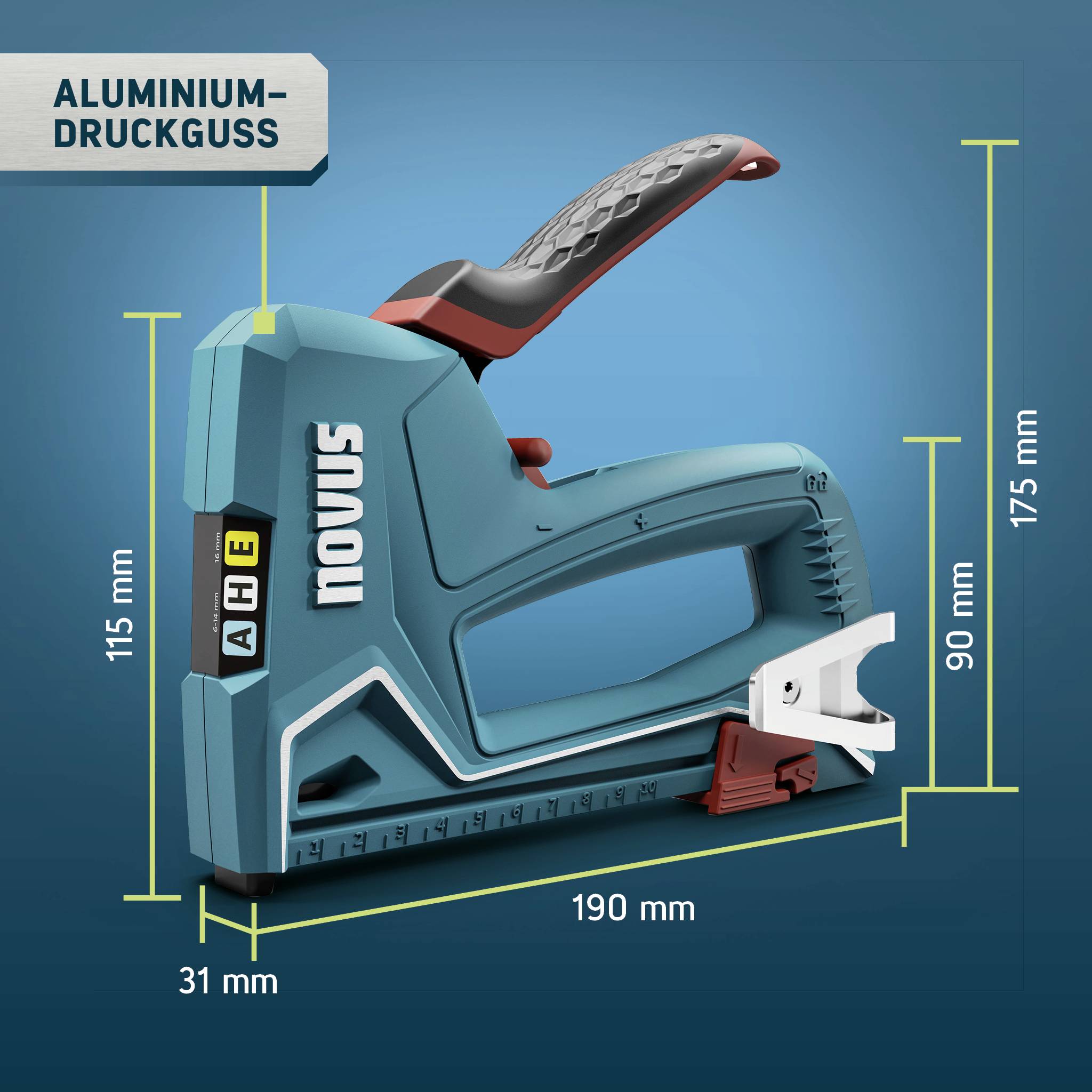 Novus Zszywacz ręczny z odlewanego aluminium z wymiarami: długość 190 mm, wysokość 175 mm. Pozostałe wymiary: 115 mm, 31 mm, 90 mm. Ergonomiczny uchwyt.