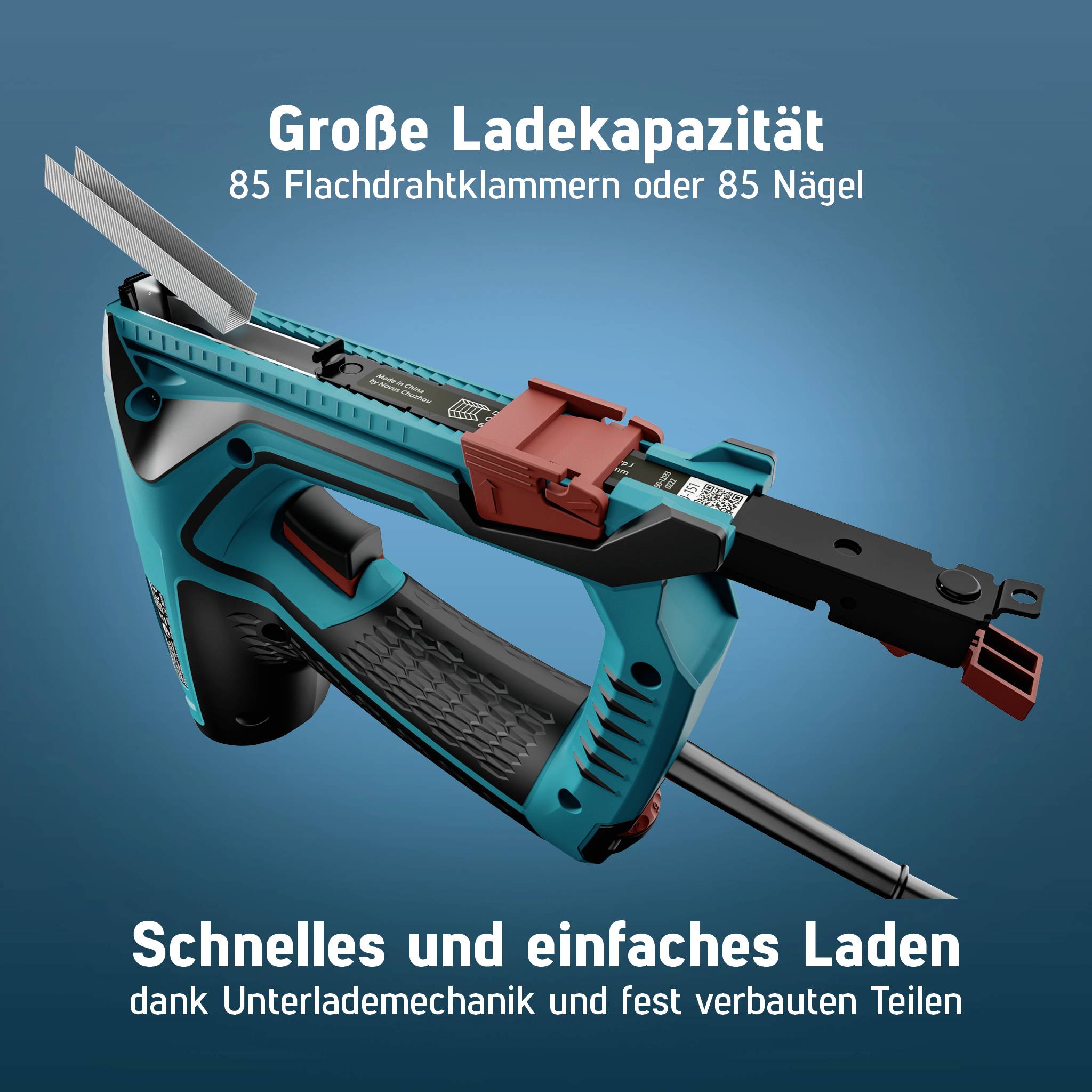 Rysunek przedstawia niebieskie narzędzie z napisem: 'Duża pojemność ładowania: 85 zszywek płaskich lub 85 gwoździ. Szybkie i łatwe ładowanie dzięki mechanizmowi podładowywania i wbudowanym częściom.'