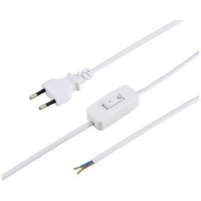 Białowy kabel sieciowy z wtyczką europejską i włącznikiem pośrednim. Po drugiej stronie kabla widoczne są nieosłonięte przewody.