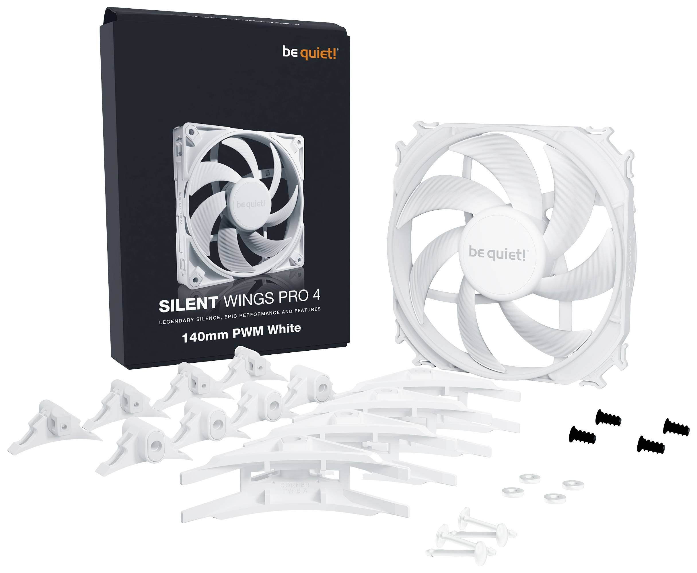 "Bądź cicho! Silent Wings Pro 4 140mm PWM" Wentylator w kolorze białym z akcesoriami i opakowaniem. Odpowiedni do cichych rozwiązań chłodzących.