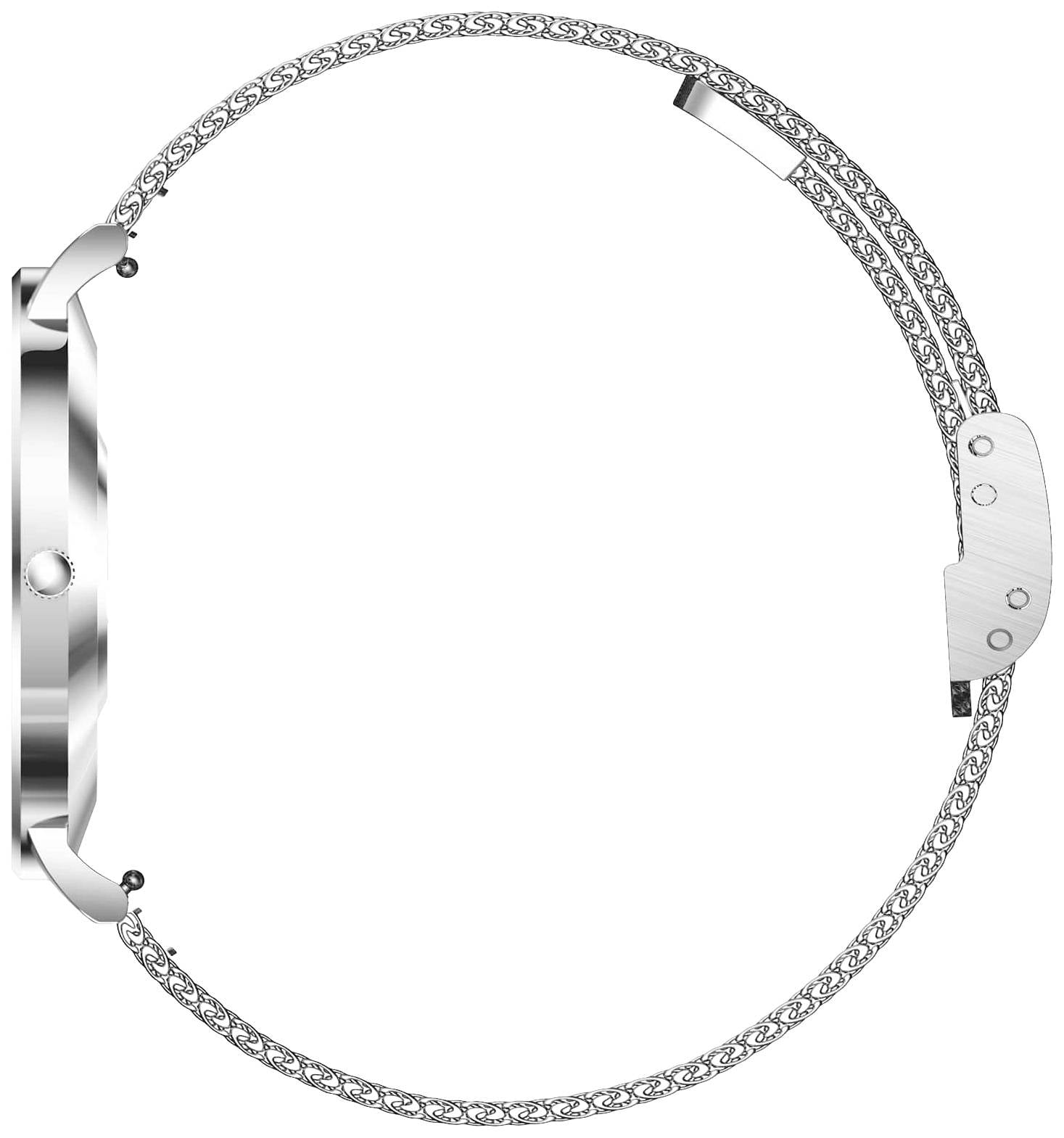 Srebrny zegarek na bransolecie z delikatnymi ogniwkami i wąską kopertą. Widok z boku, zapięcie po prawej stronie.