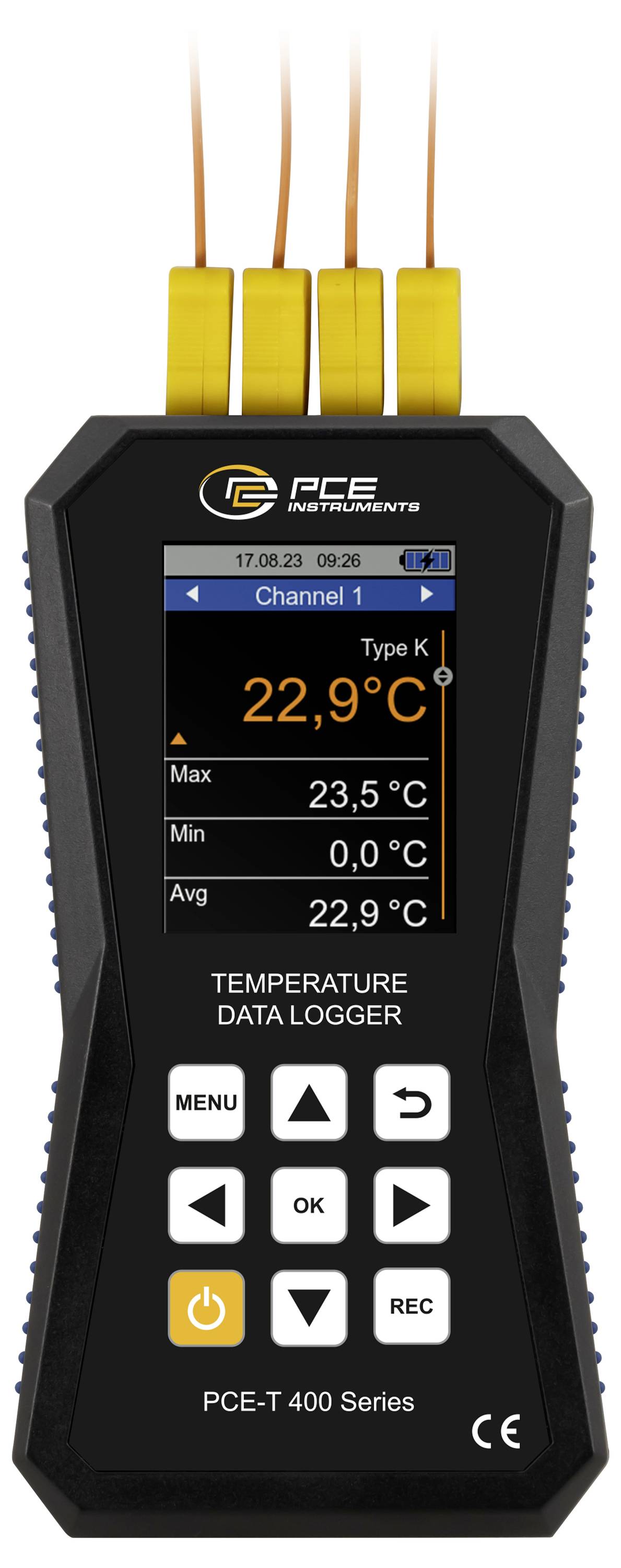 Przenośny wyświetlacz rejestratora danych temperatury instrumentów PCE pokazujący odczyt termopary typu K wynoszący 22,9°C, z maksimum 23,5°C, minimum 0,0°C i średnią 22,9°C.