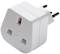 Biały adapter gniazd elektrycznych z wyjściem trójstykowym w standardzie brytyjskim i wtyczką dwustykową w standardzie europejskim, idealny dla podróżujących.