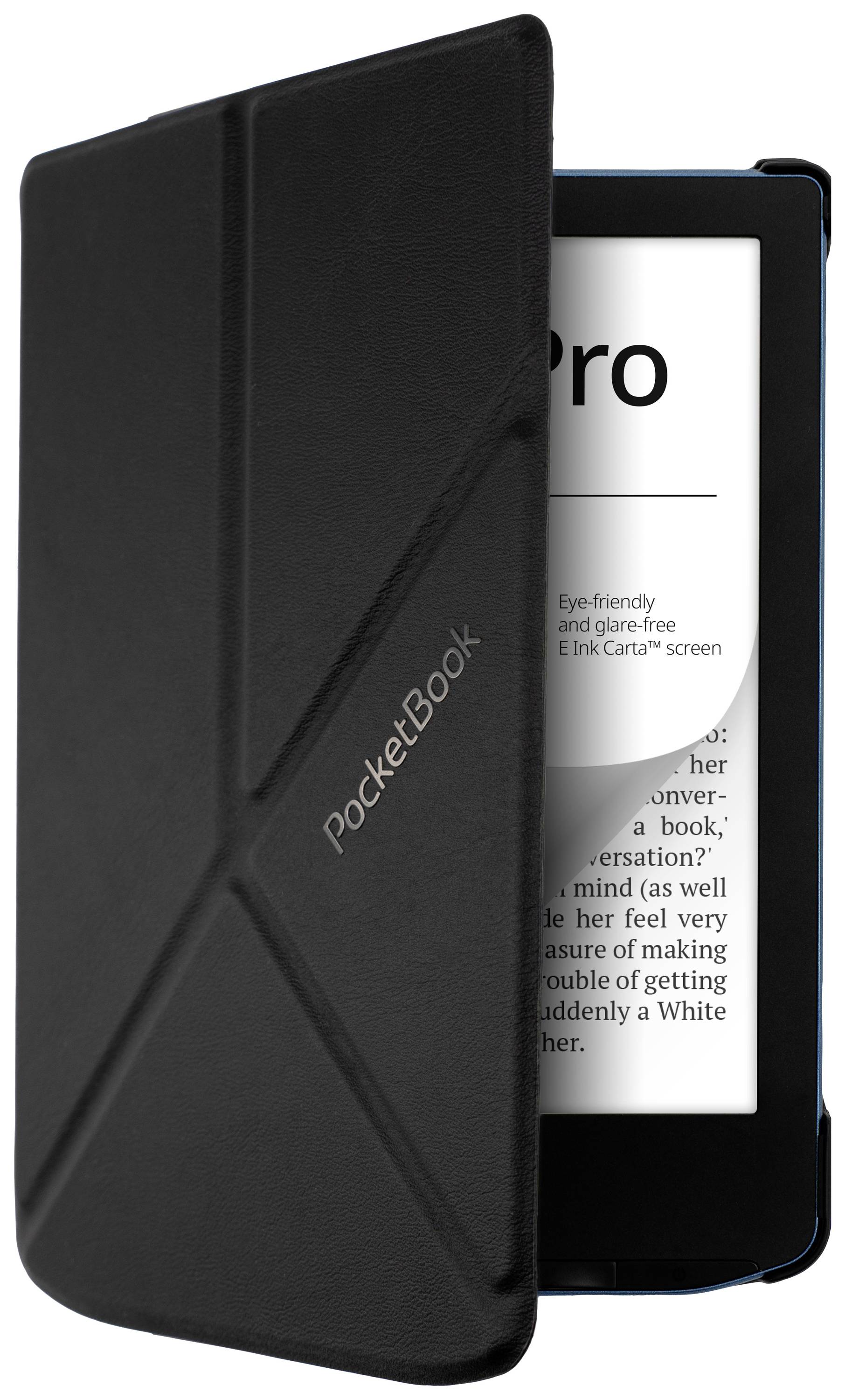 Czarny czytnik e-booków z częściowo otwartą okładką wyświetla tekst na ekranie, ze szczególnym naciskiem na wyświetlacz przyjazny dla oczu.