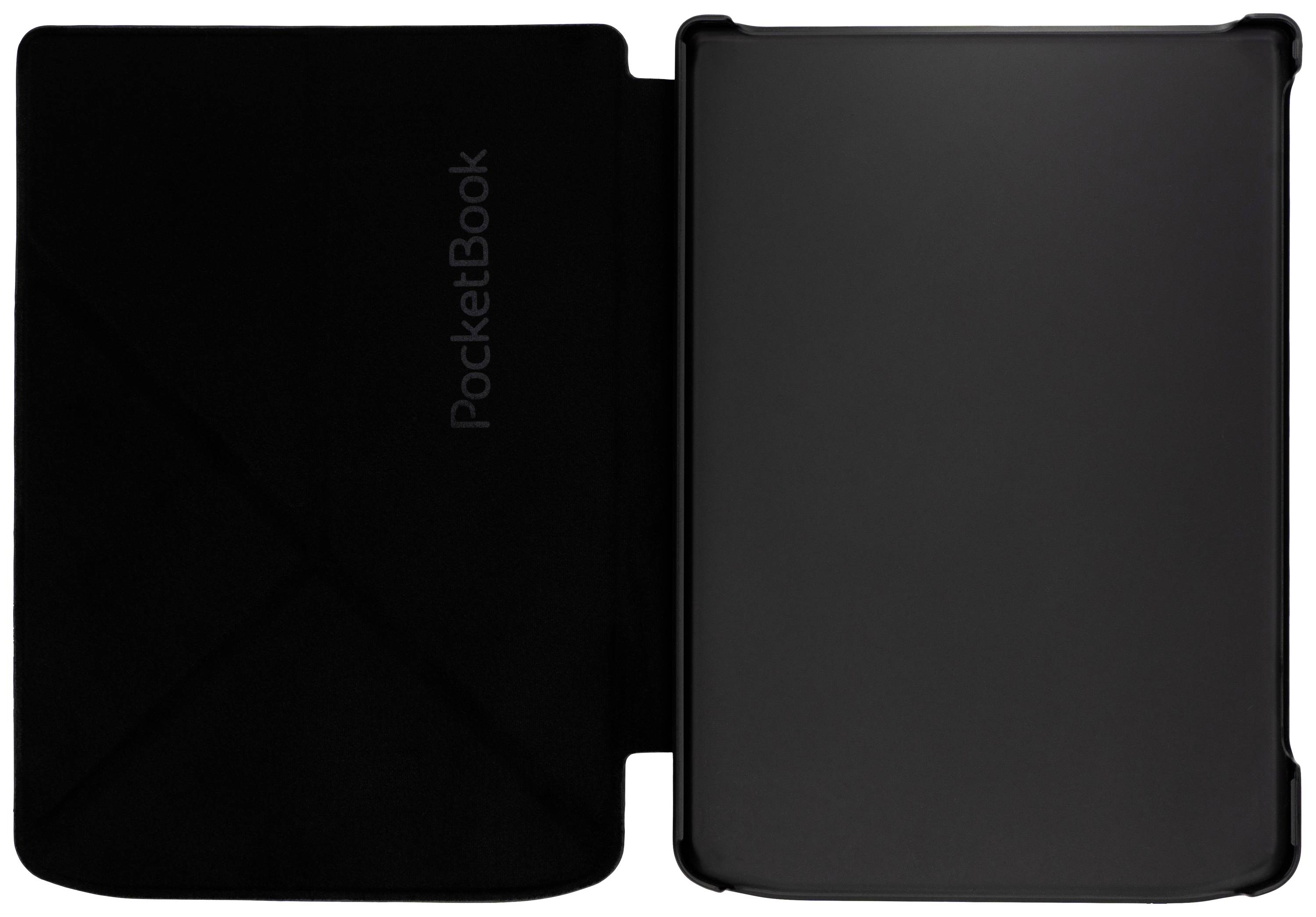 Otwarty czarny czytnik e-booków z logo marki 'PocketBook' na wewnętrznej stronie klapki.