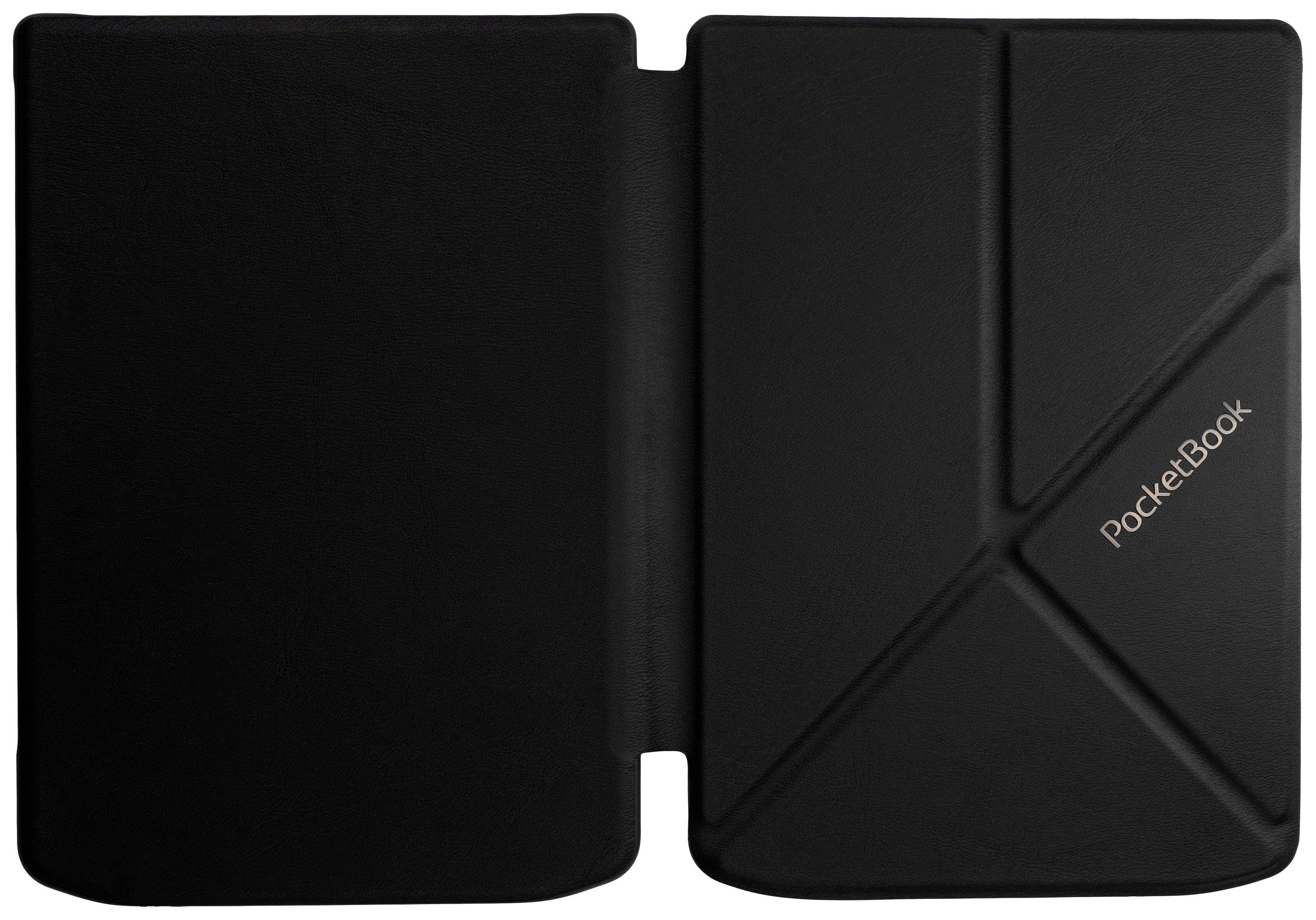 Czarne etui PocketBook otwarte, ukazujące geometryczny wzór na wewnętrznej stronie.