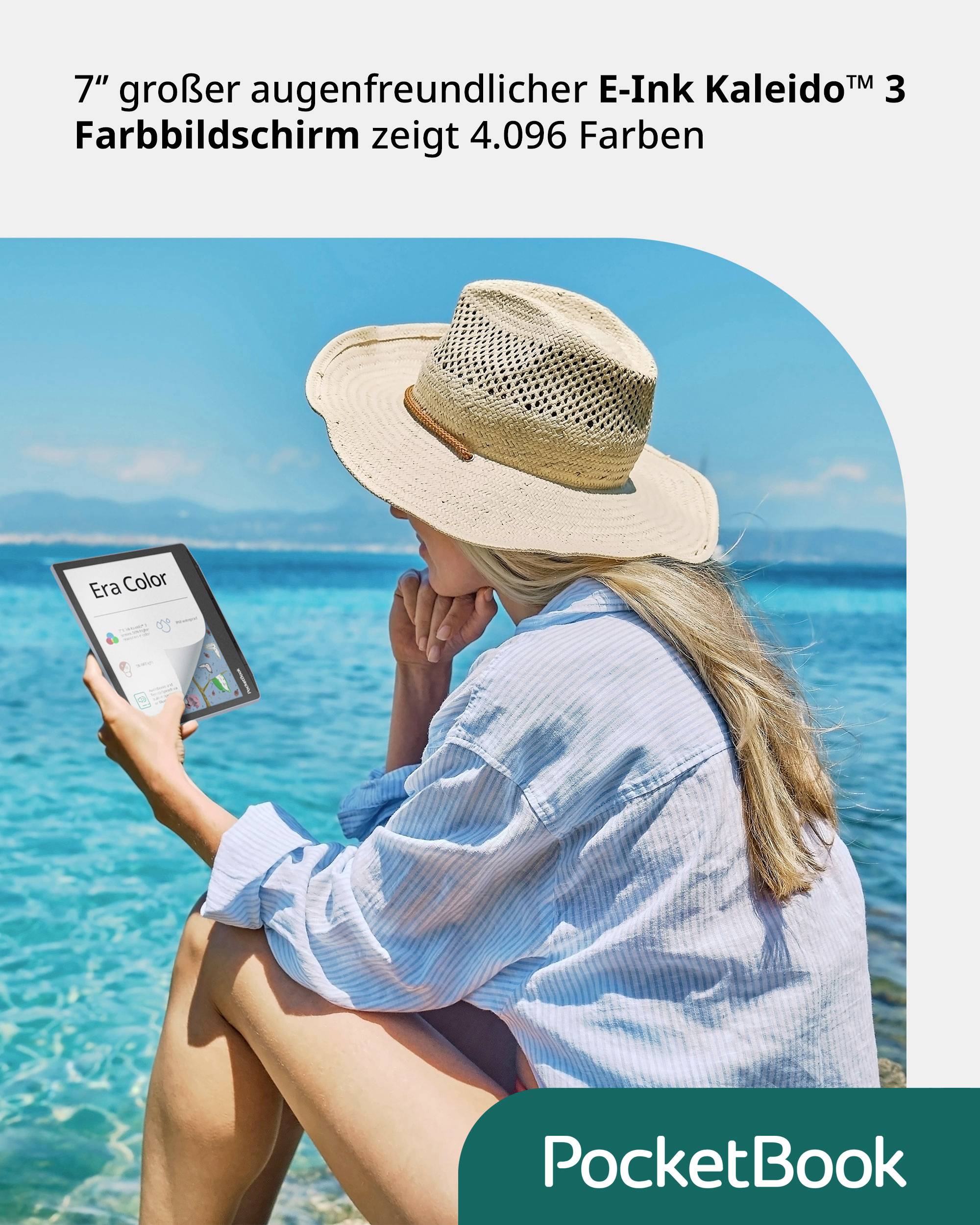 Osoba na plaży z czytnikiem e-booków, wskazująca na kolorowy wyświetlacz. Tekst u góry głosi: "7-calowy, przyjazny dla oczu kolorowy ekran E-Ink Kaleido™ 3".