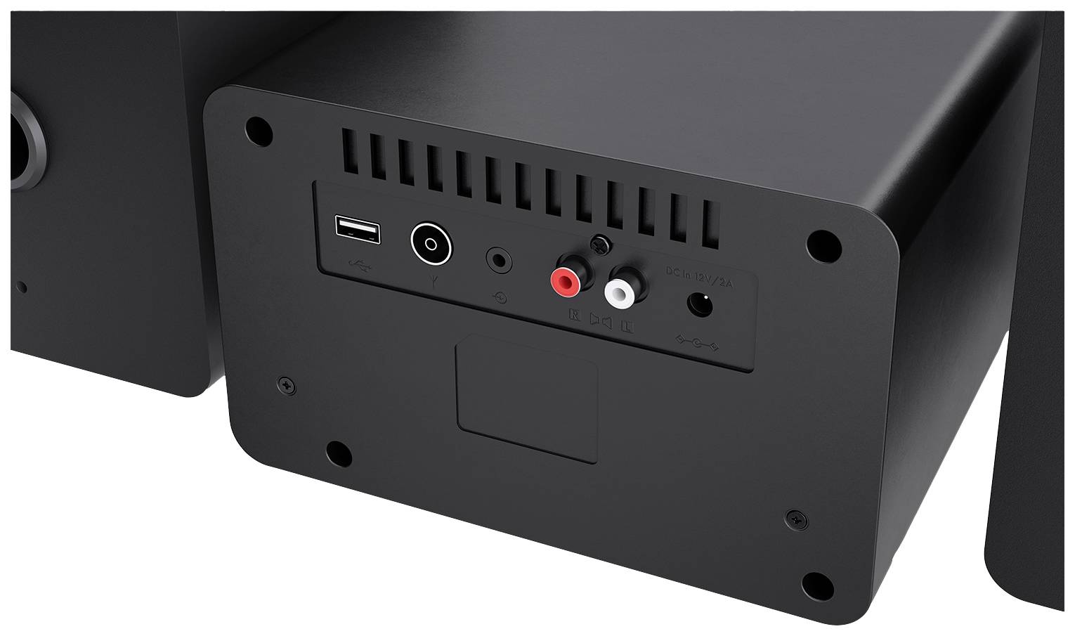 Tylna strona głośnika z gniazdem USB, wejściem na słuchawki oraz czerwonymi i białymi wejściami audio; służy do podłączania urządzeń zewnętrznych.