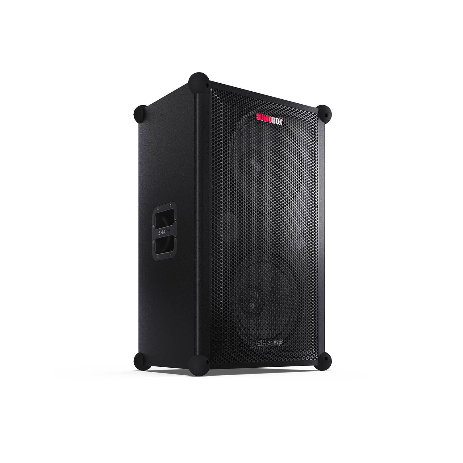 Czarny głośnik z metalową siatką i uchwytami po bokach, z czerwonym logo na górze. Przedstawiony pod lekkim kątem.