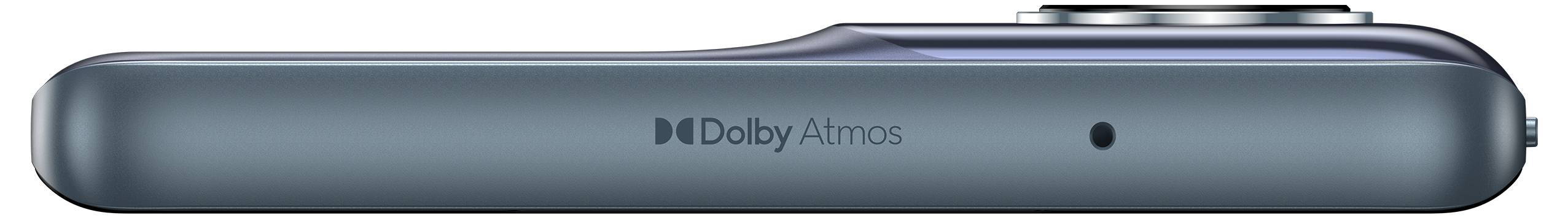 Widok z boku smartfona wyświetlającego logo "Dolby Atmos", podkreślającego ulepszone możliwości audio.