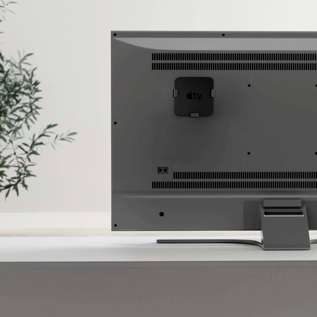 Na stole stoi telewizor, z tyłu którego zamocowana jest przystawka Apple TV. Po lewej stronie widoczne są zielone rośliny.