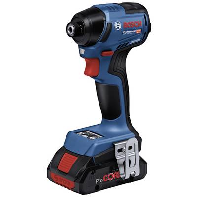 Wkrętarka akumulatorowa Bosch, model 'Professional', w obudowie niebiesko-czarnej z czerwonym akcentem. Wyposażona w akumulator ProCORE.