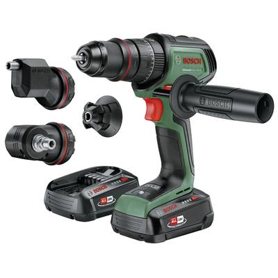 Akumulatorowy wkrętak Bosch z wieloma wymiennymi końcówkami i dodatkową baterią.