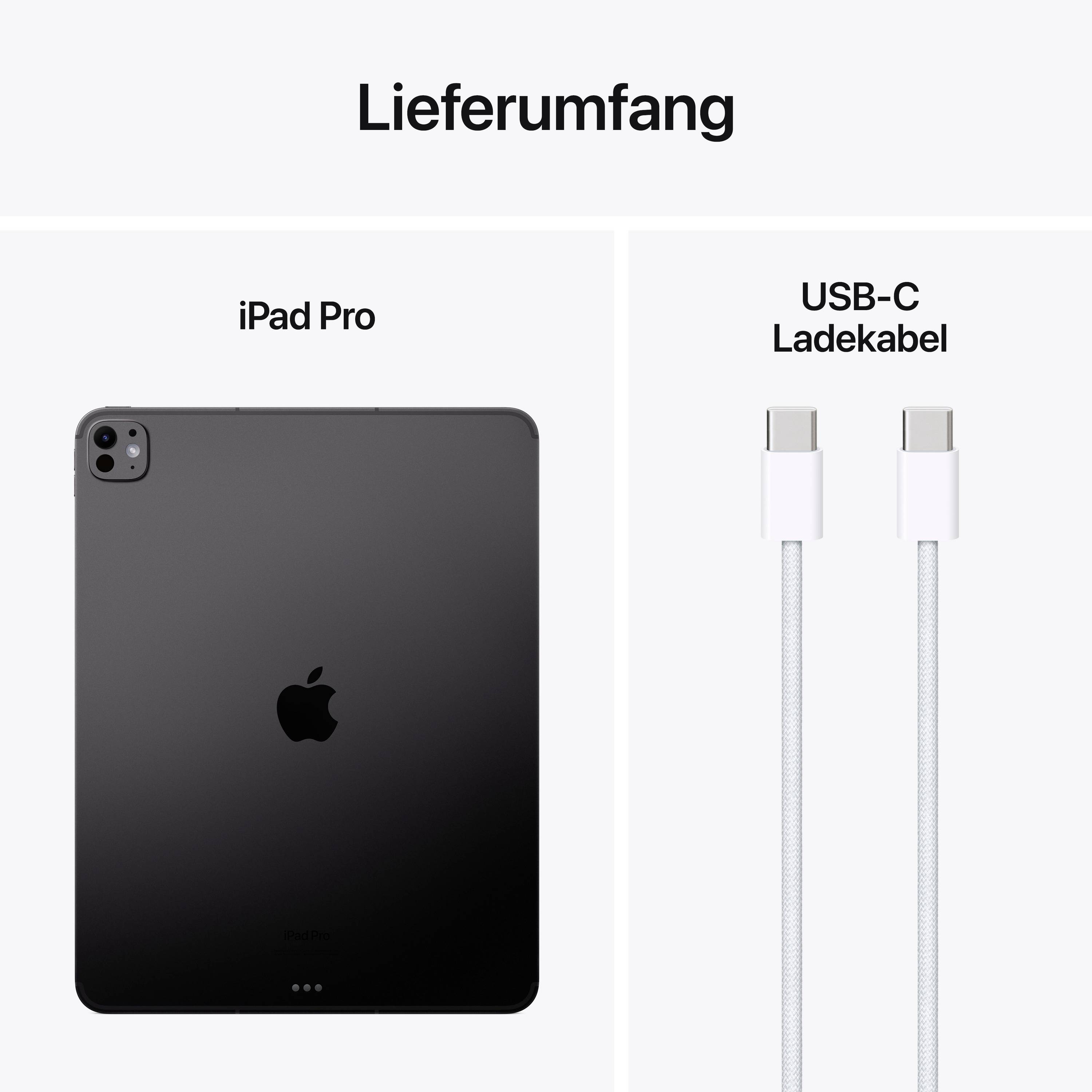 Zakres dostawy: iPad Pro i kabel ładujący USB-C przedstawione na ilustracji. iPad Pro jest pokazany od tyłu, a kabel ładujący posiada wtyczki USB-C po obu stronach.