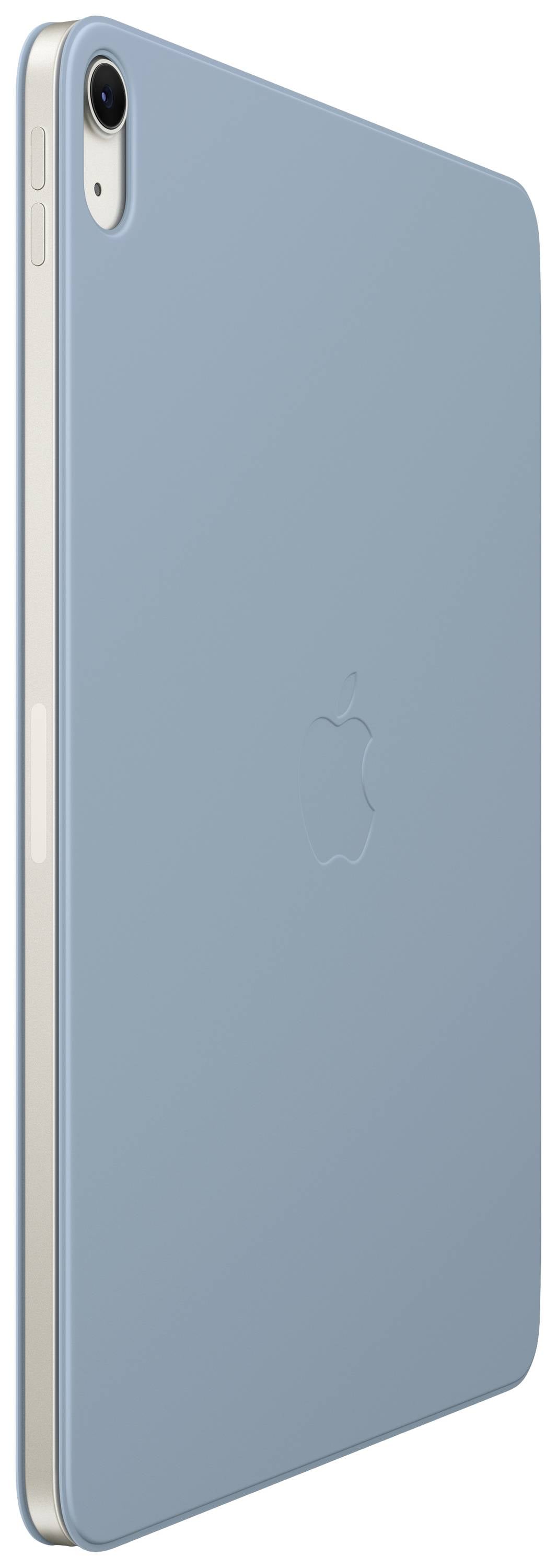 Jasnoniebieski tablet z kamerą w lewym górnym rogu oraz logo Apple pośrodku tylnej części.