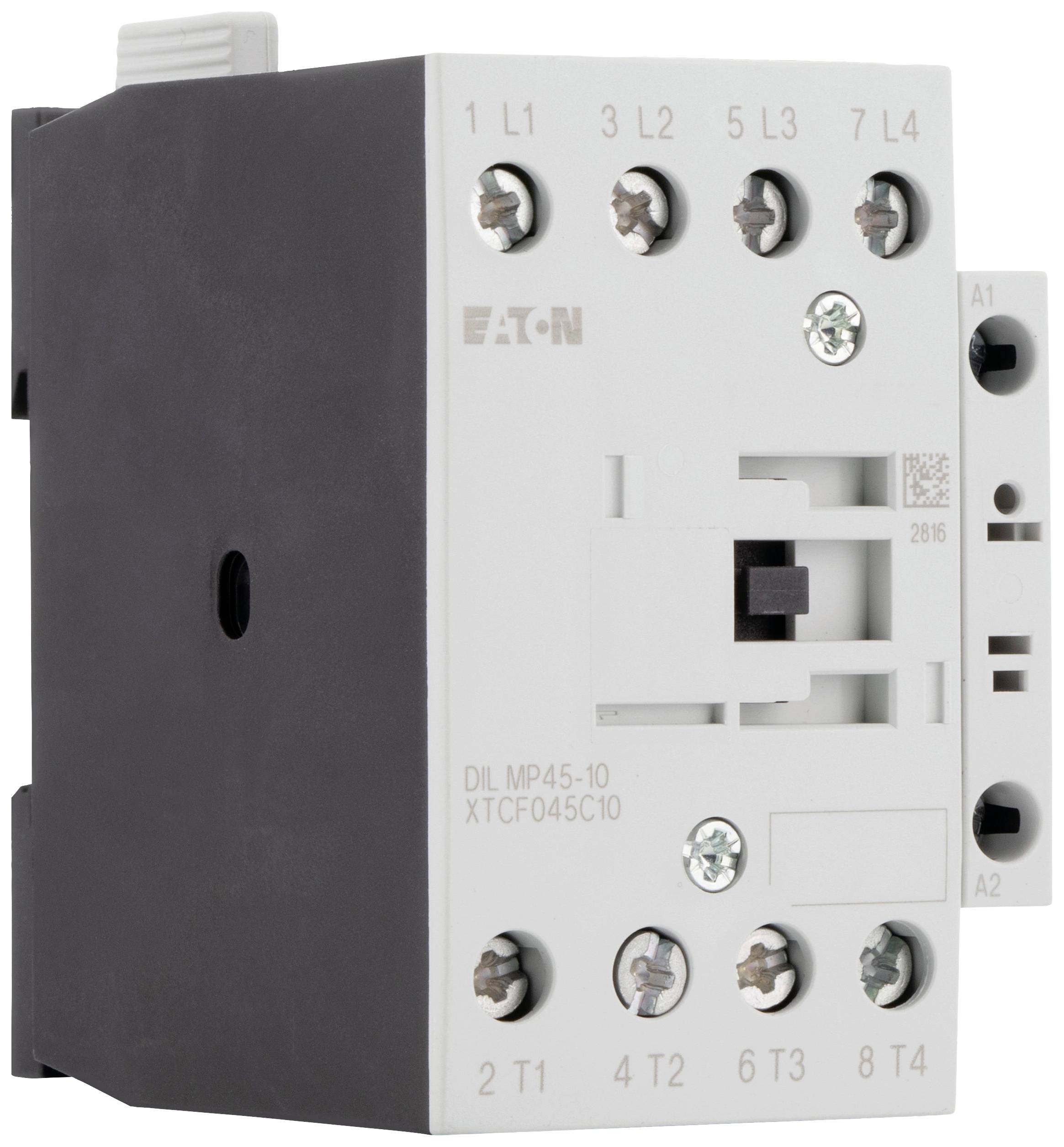 Elektryczny przekaźnik z wieloma zaciskami przyłączeniowymi. Obudowa jest biało-czarna. Widoczny jest numer modelu i logo producenta.