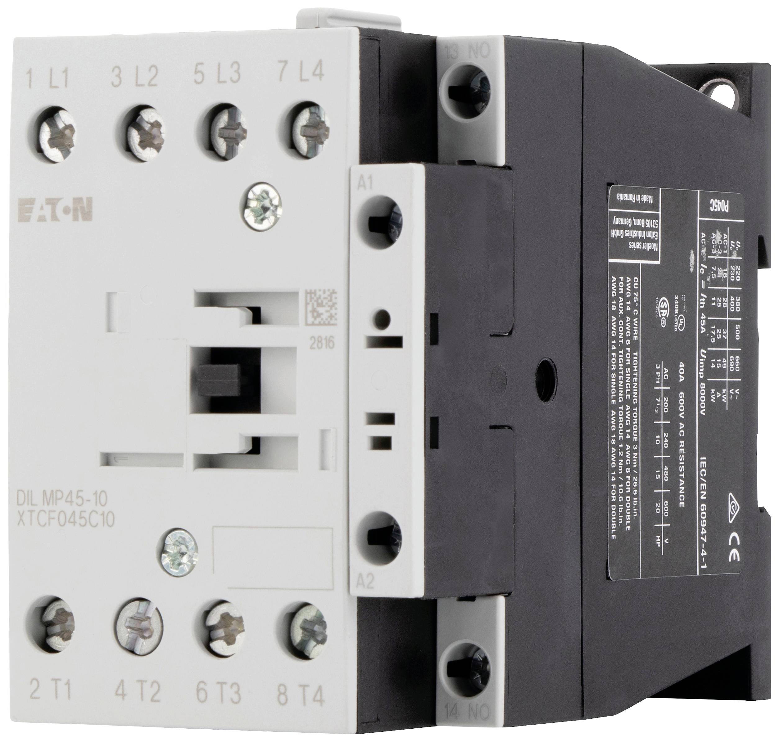 Czarno-biały elektryczny stycznik, model 'Eaton DIL MP45-10', z wieloma zaciskami śrubowymi u góry i u dołu.