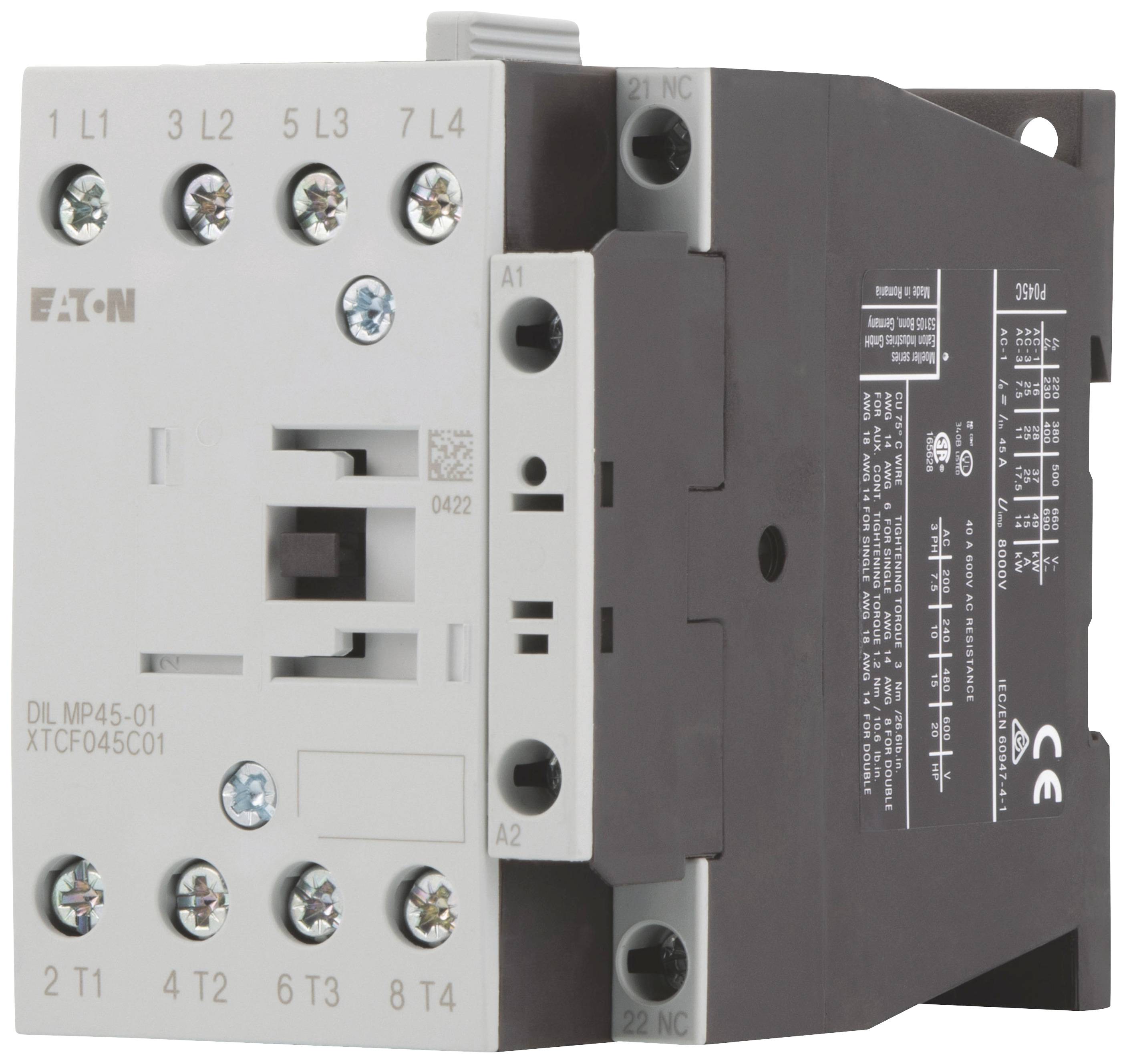 Łącznik kontaktorowy z wieloma zaciskami, z oznaczeniem 'Eaton DIL MP45-01 XTCF045C01', z widocznymi specyfikacjami bocznymi.