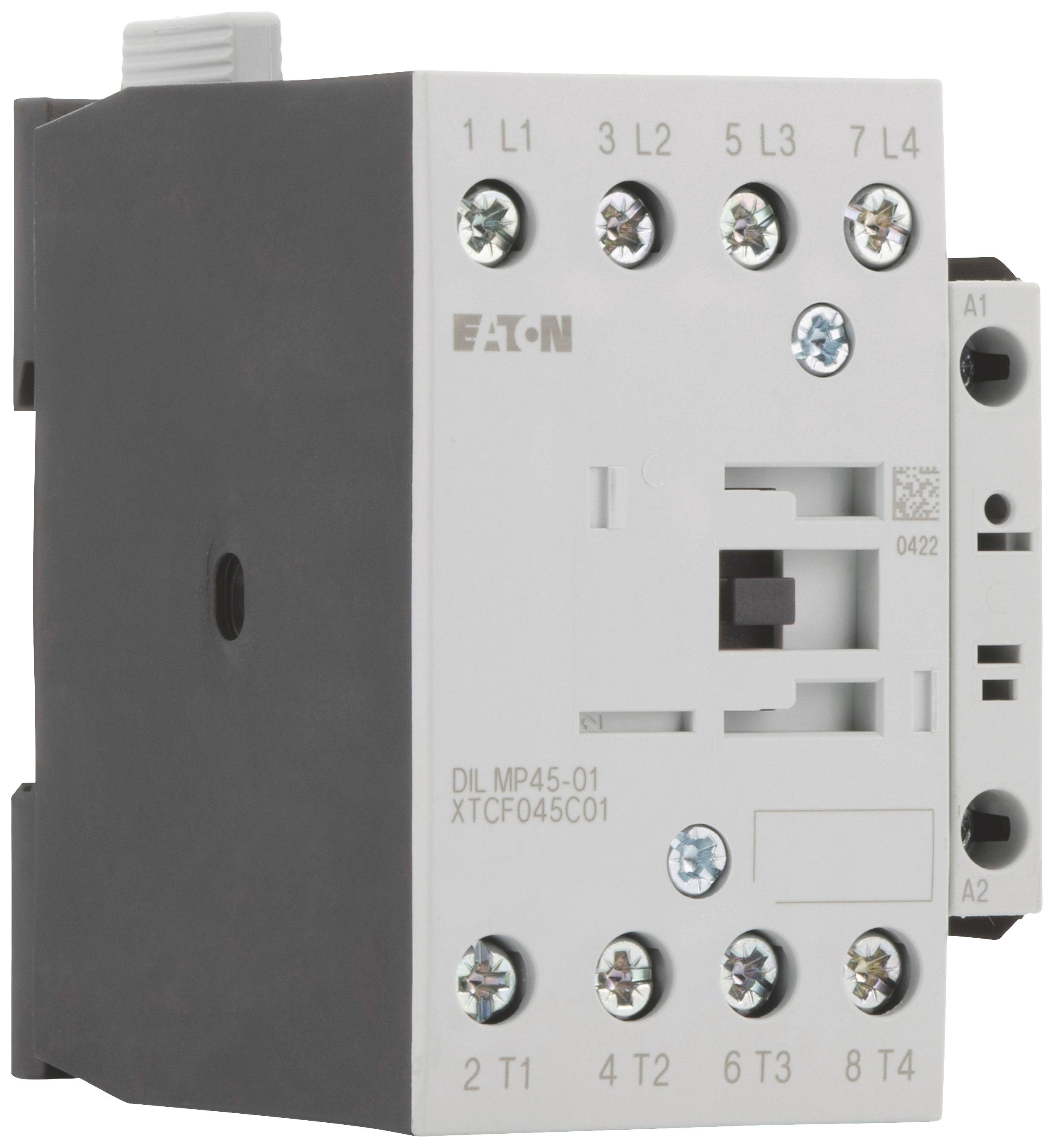 Elektryczny przekaźnik firmy Eaton z podłączeniami i numerami modeli do zastosowań przemysłowych.