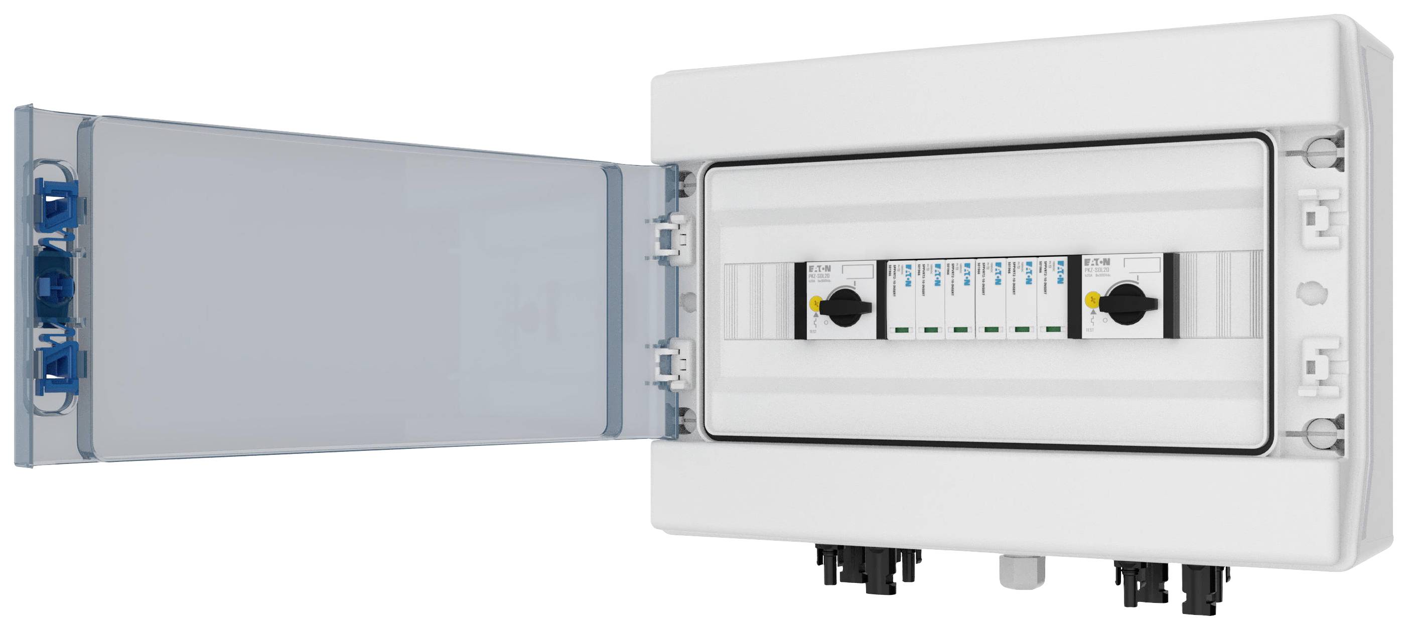 Elektryczny rozdzielnik elektryczny z otwartymi drzwiami, widoczne są cztery przełączniki i okablowanie.