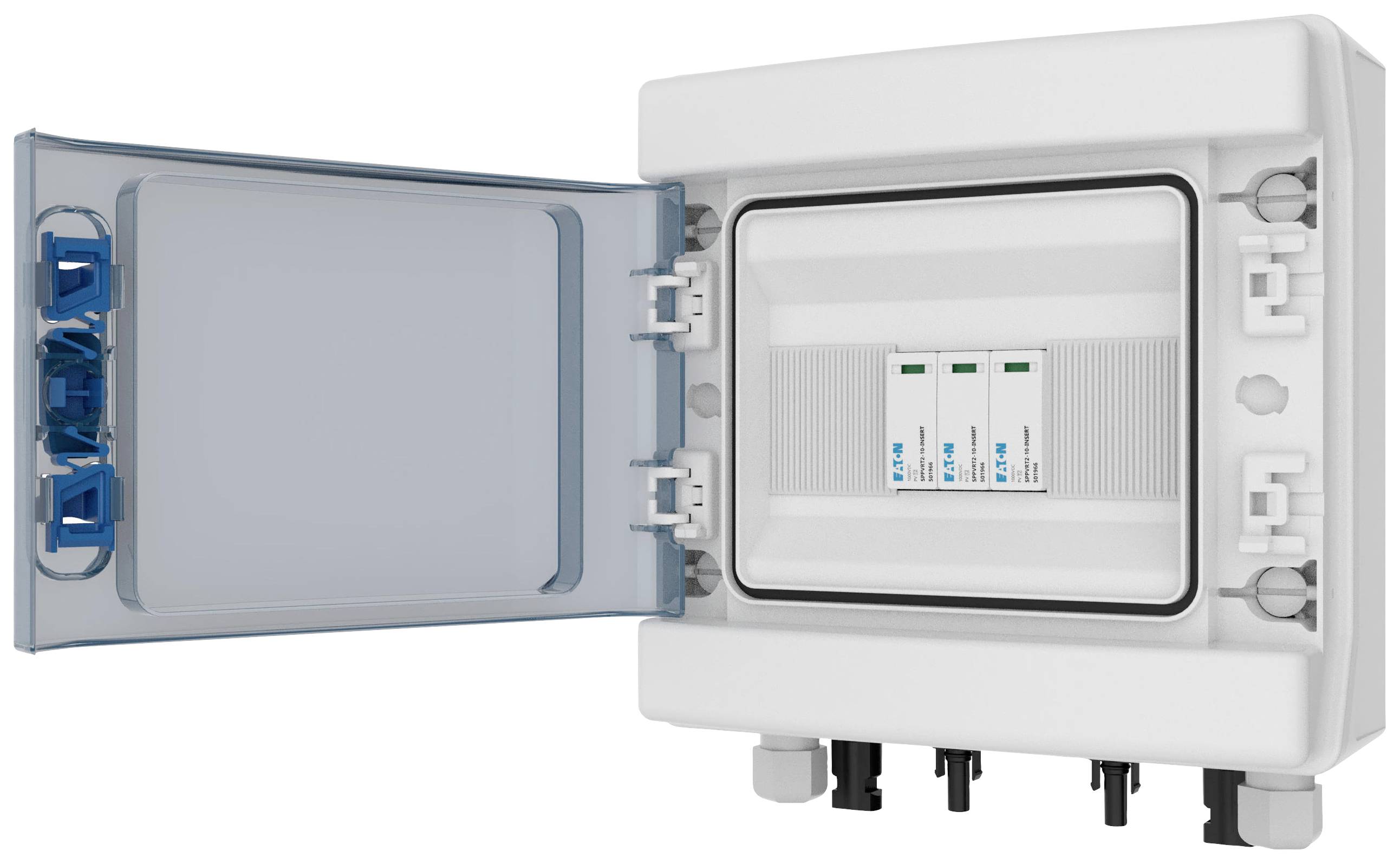 Otwarty biały rozdzielacz elektryczny z trzema zainstalowanymi wyłącznikami automatycznymi, które chronią obwody elektryczne.