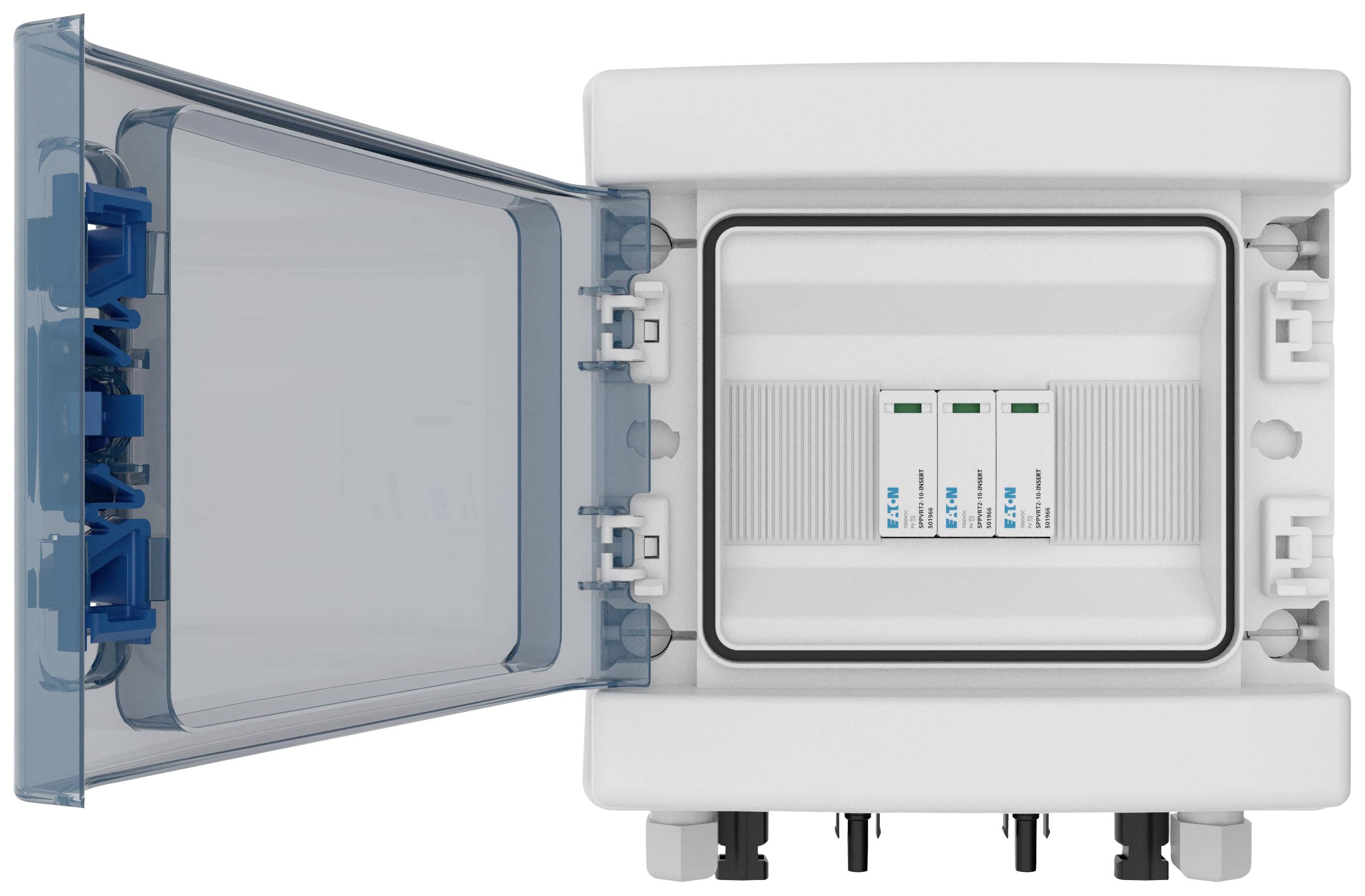 Otwarty rozdzielnik elektryczny z trzema widocznymi wyłącznikami automatycznymi, drzwiczki po lewej stronie, obudowa w neutralnych kolorach.