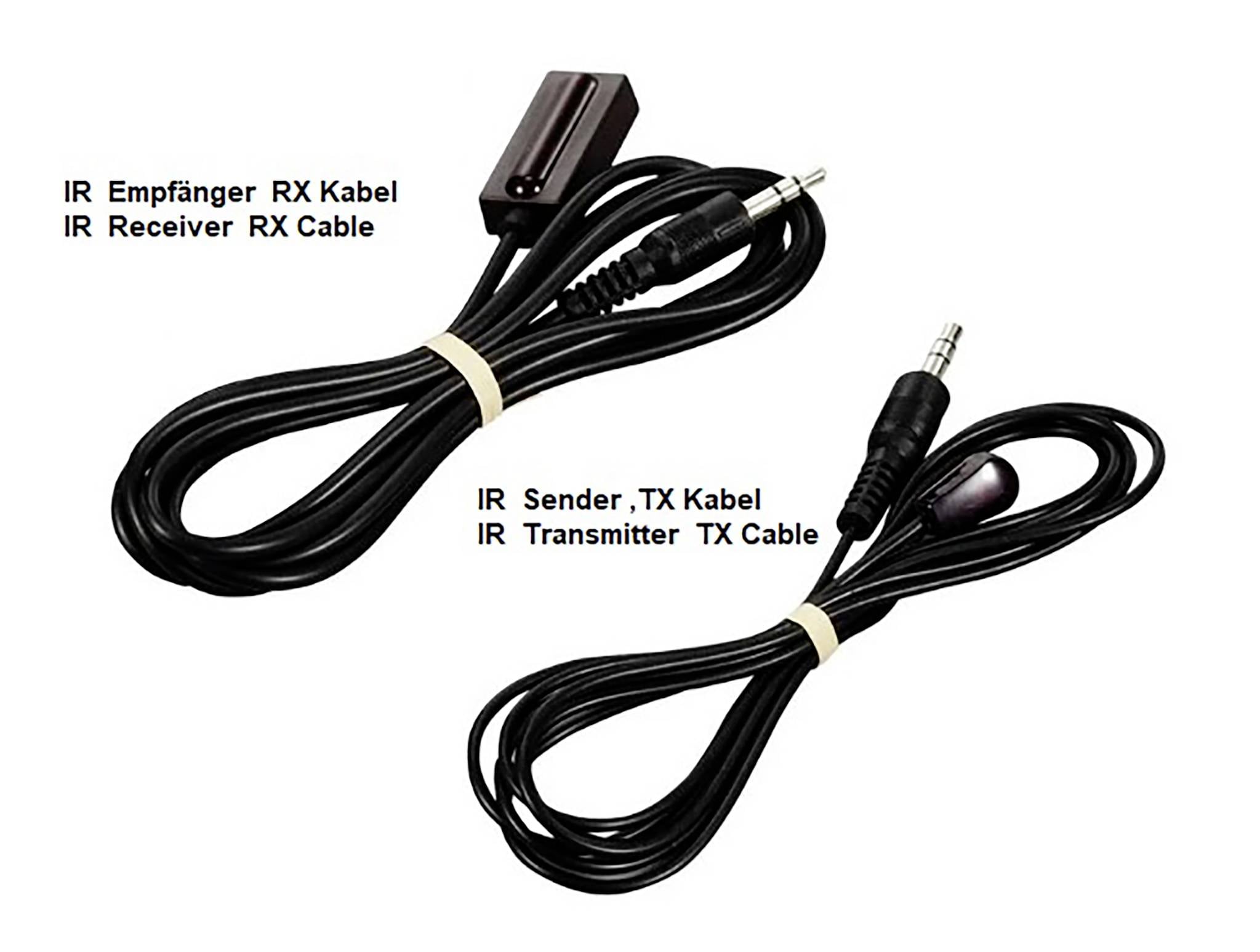 Dwa kable z wtykami jack i naklejkami: 'Kabel odbiornika IR RX' i 'Kabel nadajnika IR TX'. Oba są czarne i zwinięte.