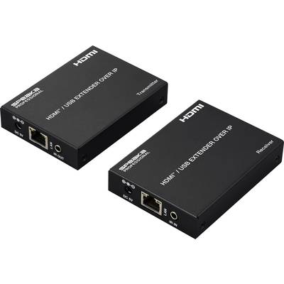 Dwa czarne urządzenia z napisem 'Przedłużacz HDMI/USB przez IP', oznaczone jako 'Nadajnik' i 'Odbiornik', do transmisji sygnału.
