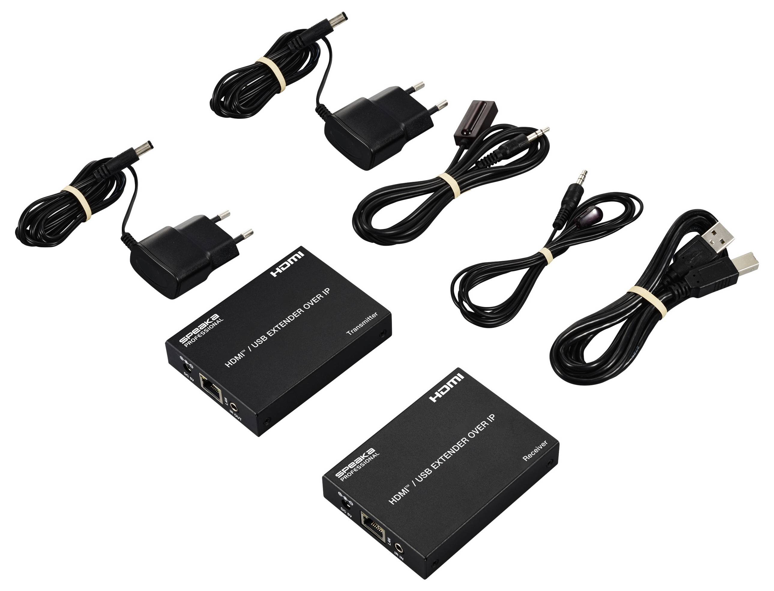 Obraz przedstawia zestaw przedłużaczy HDMI-USB z zasilaczami i kablami. Urządzenia są czarne i połączone różnymi kablami.