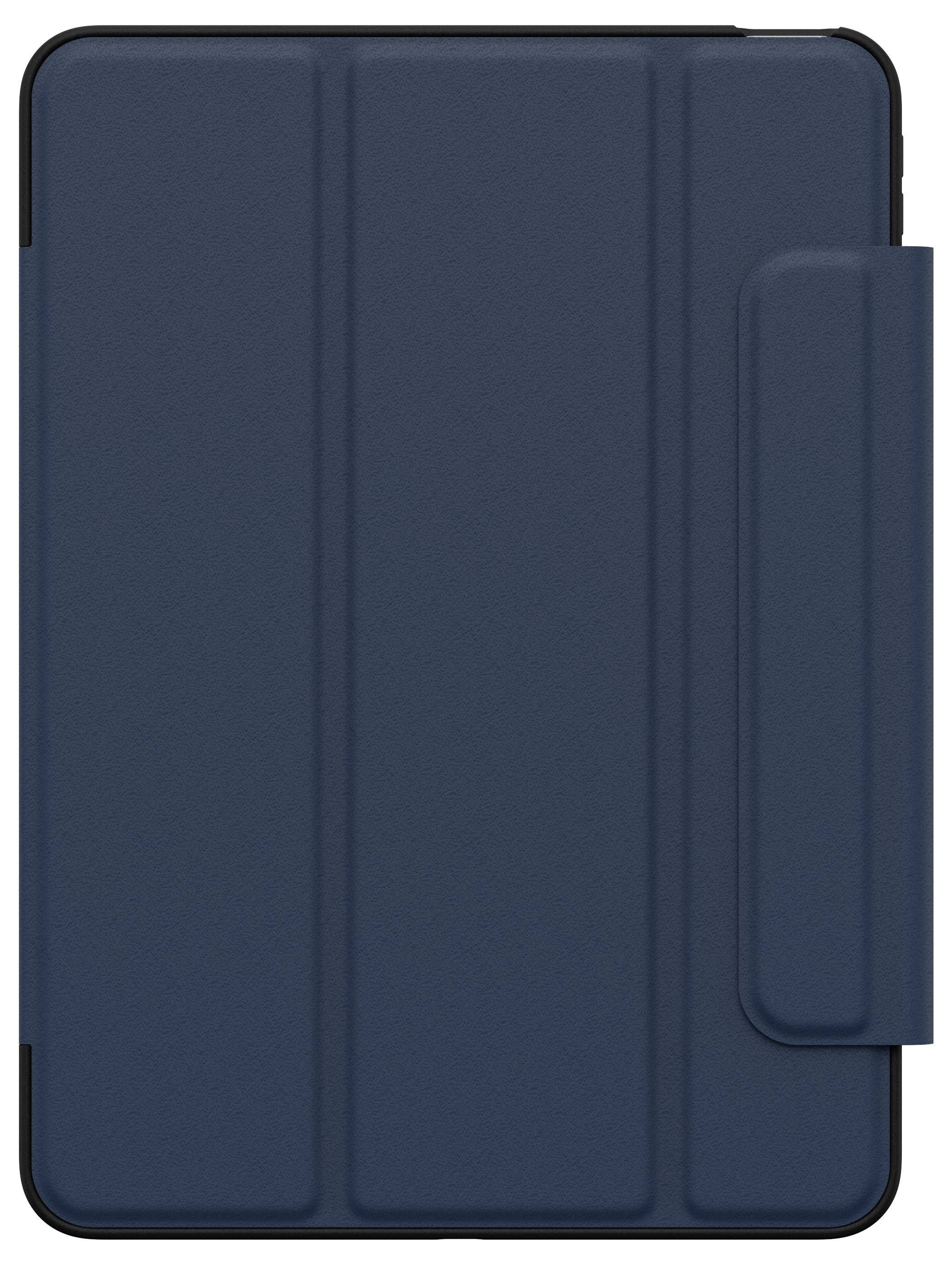 Ciemnoniebieskie etui typu folio do tabletu z trójdzielnym przednim pokrowcem i klapą po prawej stronie, pokazane zamknięte na białym tle.