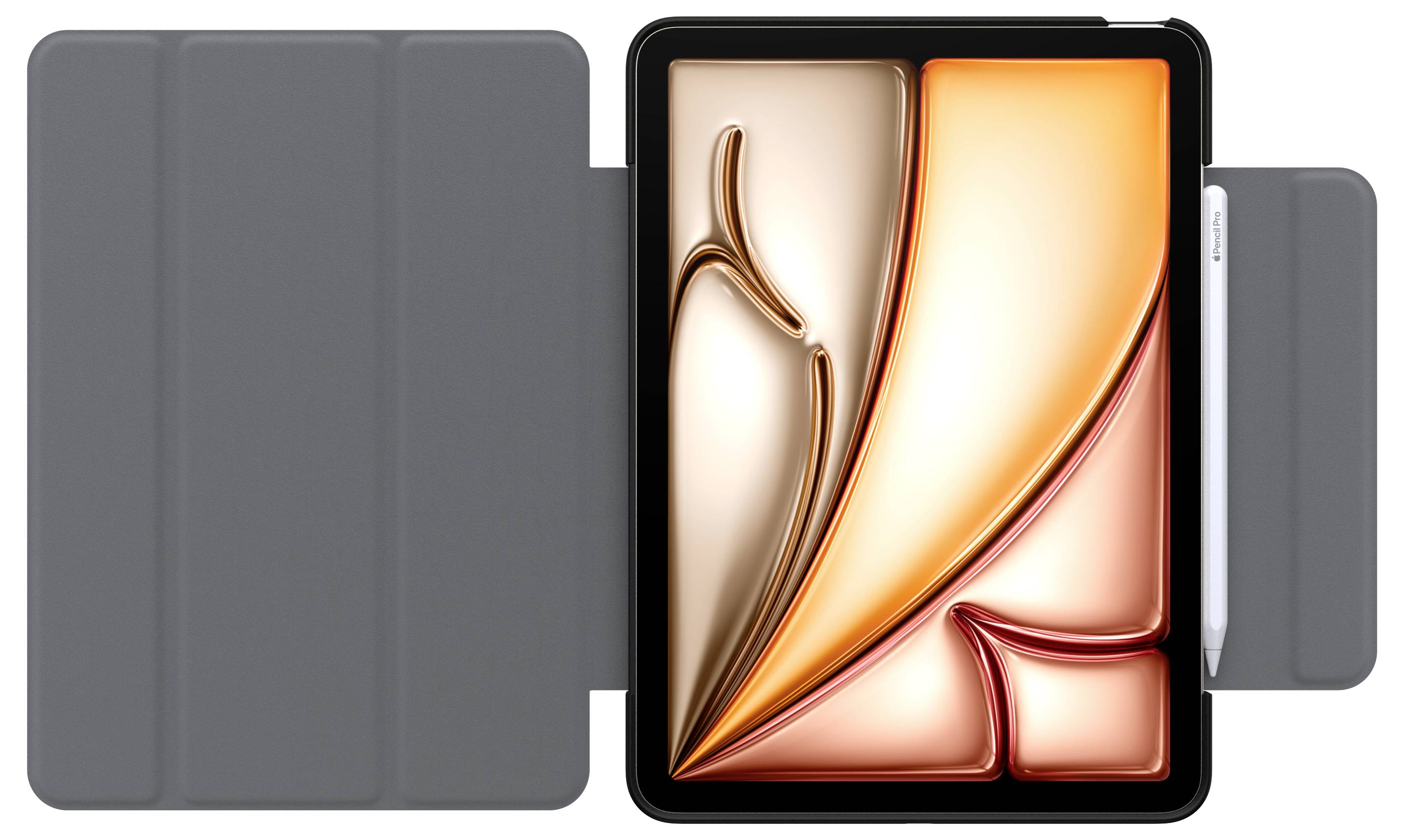 Tablet w szarej okładce folio, pokazany otwarty z ekranem wyświetlającym kolorową abstrakcyjną tapetę w odcieniach pomarańczy i złota.