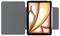 Tablet w szarej okładce folio, pokazany otwarty z ekranem wyświetlającym kolorową abstrakcyjną tapetę w odcieniach pomarańczy i złota.