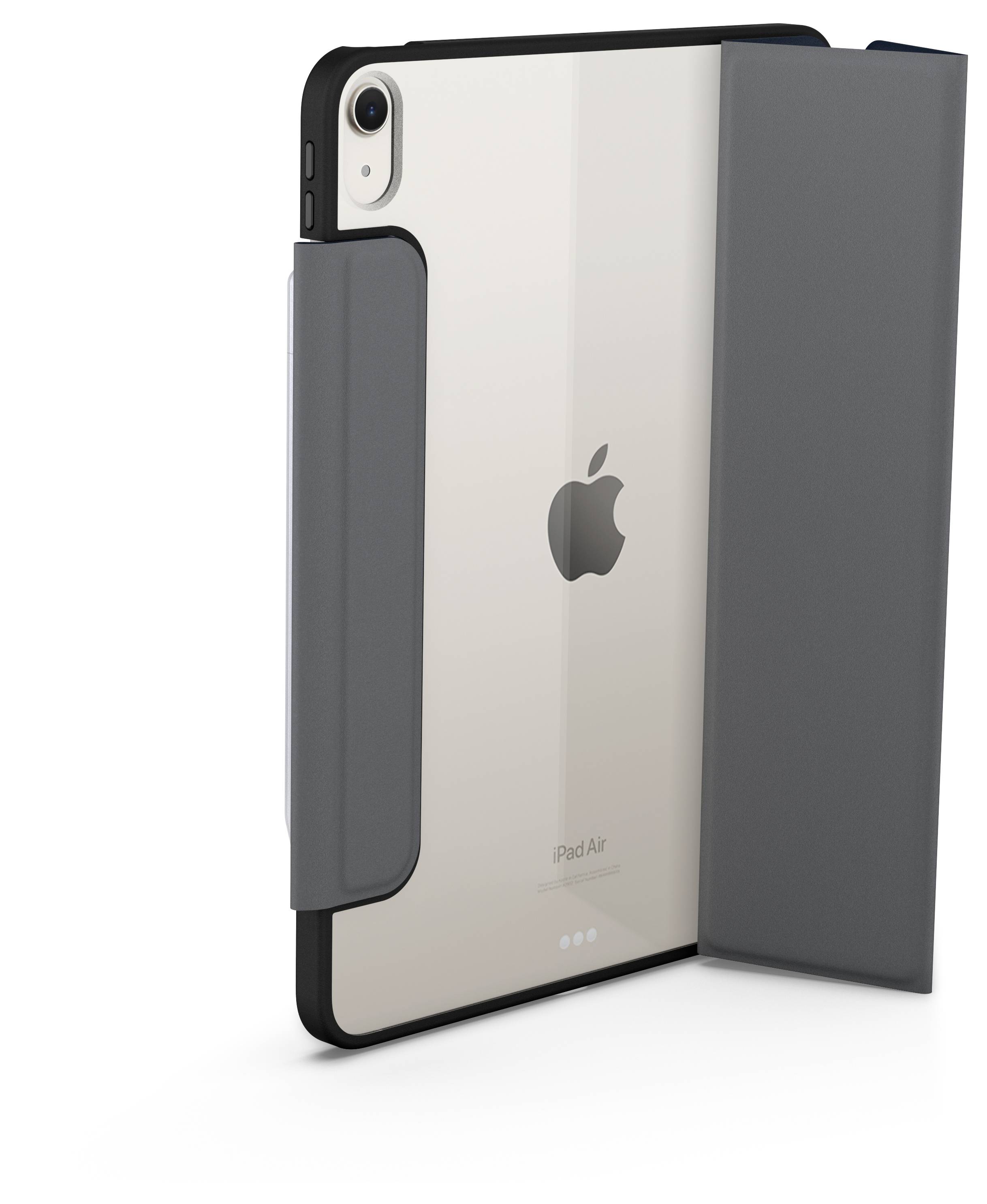 Widok tylny urządzenia Apple iPad Air w ciemnym szarym etui folio ze składanym klapą boczną, pokazujący logo Apple i kamerę tylną.