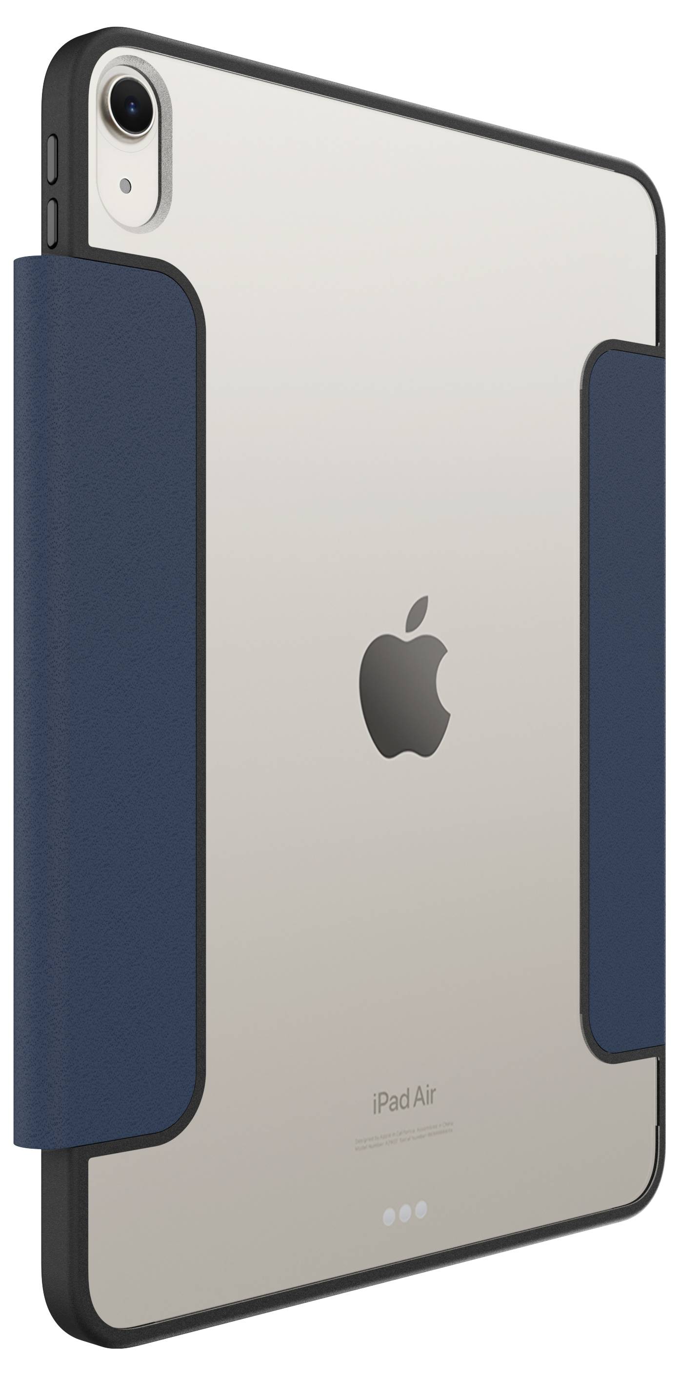 Widok tylny iPada Air w ciemnoniebieskim etui typu folio, pokazujący logo Apple i wycięcie na kamerę.